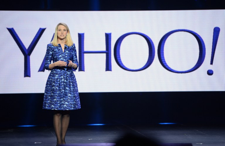 (FILES) This file photo taken on January 7, 2014 shows Yahoo CEO Marissa Mayer speaking during her keynote address at  the 2014 International CES in Las Vegas, Nevada, January 7, 2014.   Yahoo said on September 22, 2016 that a massive attack on its network in 2014 allowed hackers to steal data from half a billion users and may have been "state sponsored." Yahoo, which confirmed details of the breach months after reports of a major hack, said its investigation concluded that "certain user account information was stolen" and that the attack came from "what it believes is a state-sponsored actor." / AFP PHOTO / ROBYN BECK