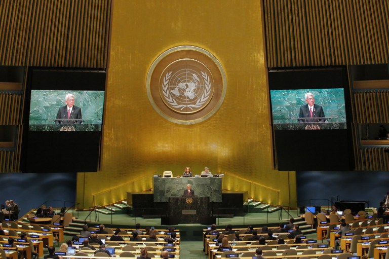 Perfecto Yasay, Secretary for Foreign Affairs of the Philippines, addresses the 71st session of the United Nations General Assembly at the UN headquarters in New York on September 24, 2016. / AFP PHOTO / KENA BETANCUR