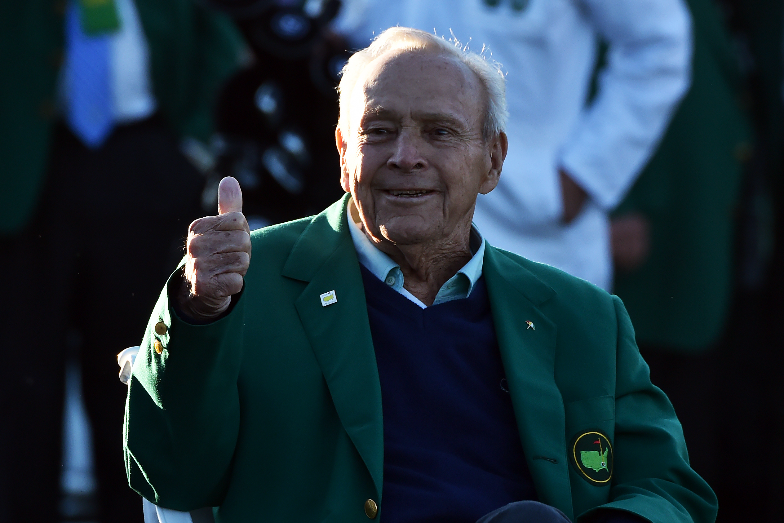 (FILES) This file photo taken on April 7, 2016 shows honorary starter US golfer Arnold Palmer after he arrived to begin Round 1 of the 80th Masters Golf Tournament at the Augusta National Golf Club on April 7, 2016, in Augusta, Georgia. Beloved golf great Arnold Palmer died at 87 on September 25, 2016. / AFP PHOTO / Nicholas Kamm
