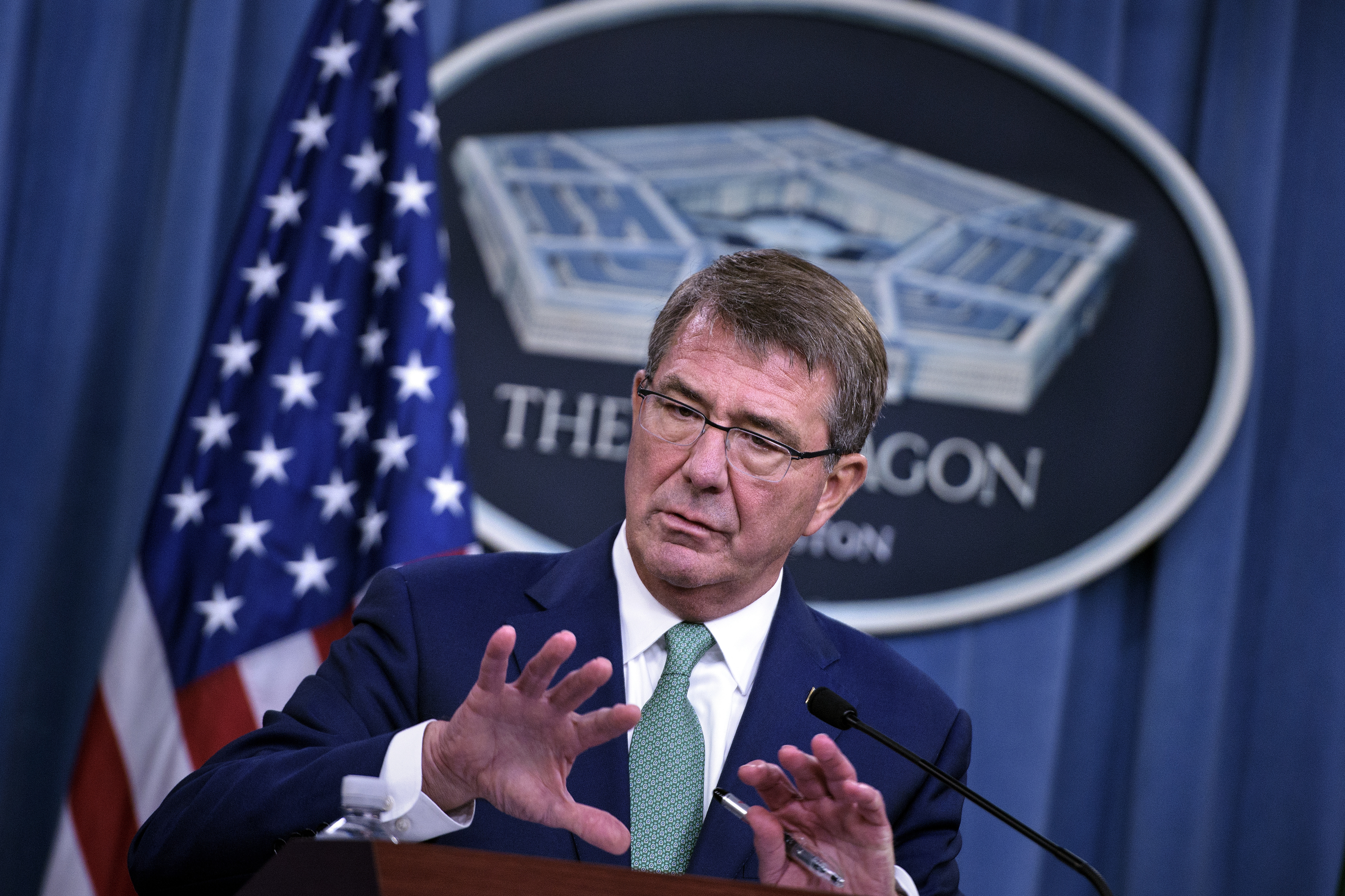 (FILES) This file photo taken on August 29, 2016 shows US Secretary of Defense Ashton Carter  during a press conference with India's Minister of Defence Manohar Parrikar at the Pentagon in Washington, DC. Russia could be more willing to deploy nuclear weapons today than the Soviet Union ever was during the Cold War, US Defense Secretary Ashton Carter warned September 26, 2016. Speaking at Minot Air Force Base in North Dakota near the Canadian border, he accused Moscow of "nuclear saber-rattling," expressing concerns over Russia's push to overhaul its atomic weapons systems.  / AFP PHOTO / Brendan Smialowski