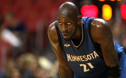 MIAMI, FL - NOVEMBER 17: Kevin Garnett #21 of the Minnesota Timberwolves looks on during a game against the Miami Heat at American Airlines Arena on November 17, 2015 in Miami, Florida. NOTE TO USER: User expressly acknowledges and agrees that, by downloading and/or using this photograph, user is consenting to the terms and conditions of the Getty Images License Agreement. Mandatory copyright notice:   Mike Ehrmann/Getty Images/AFP