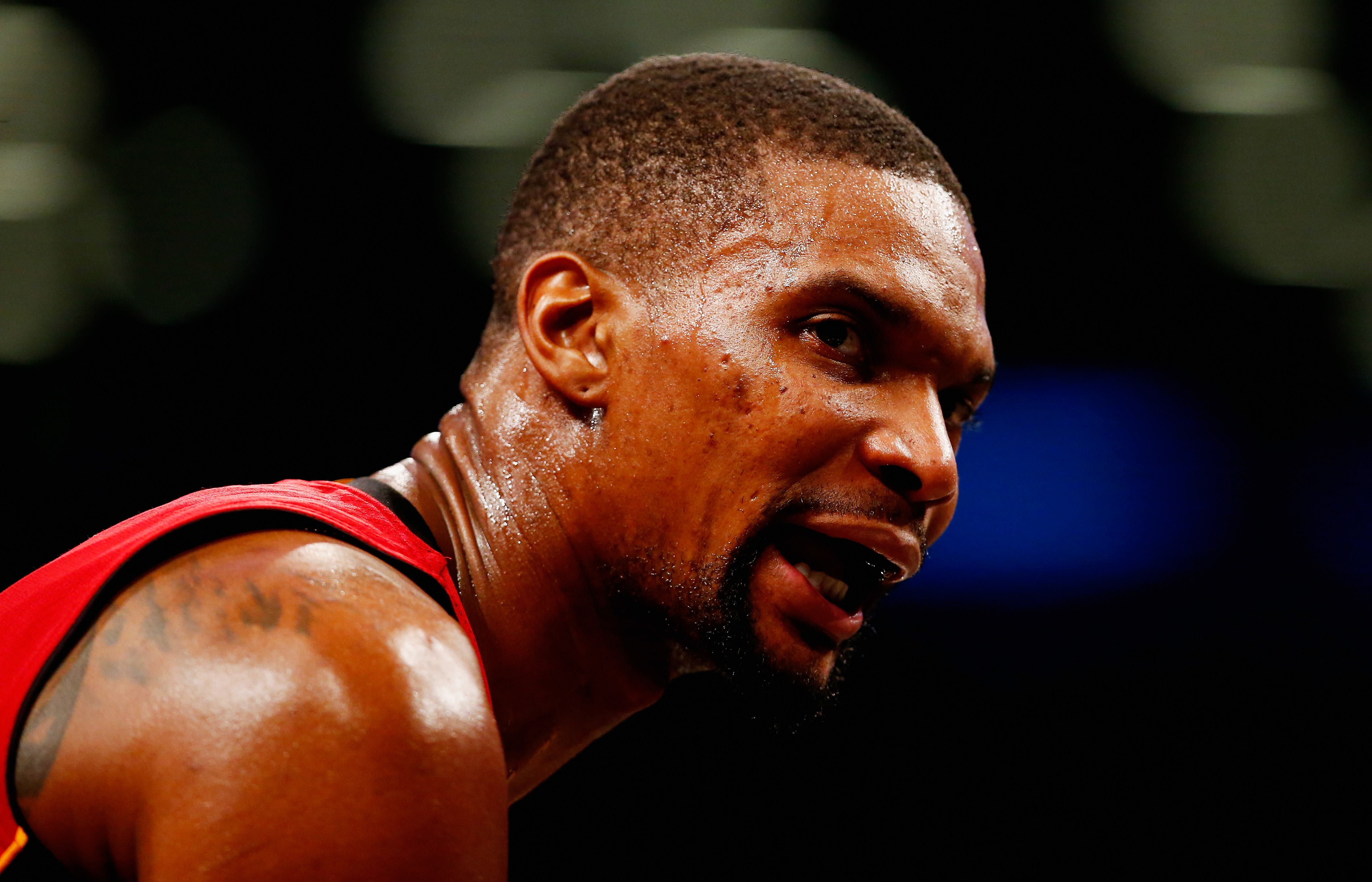 NEW YORK, NY - JANUARY 26: Chris Bosh #1 of the Miami Heat looks on against the Brooklyn Nets during their game at the Barclays Center on January 26, 2016 in New York City. NOTE TO USER: User expressly acknowledges and agrees that, by downloading and/or using this Photograph, user is consenting to the terms and conditions of the Getty Images License Agreement.   Al Bello/Getty Images/AFP