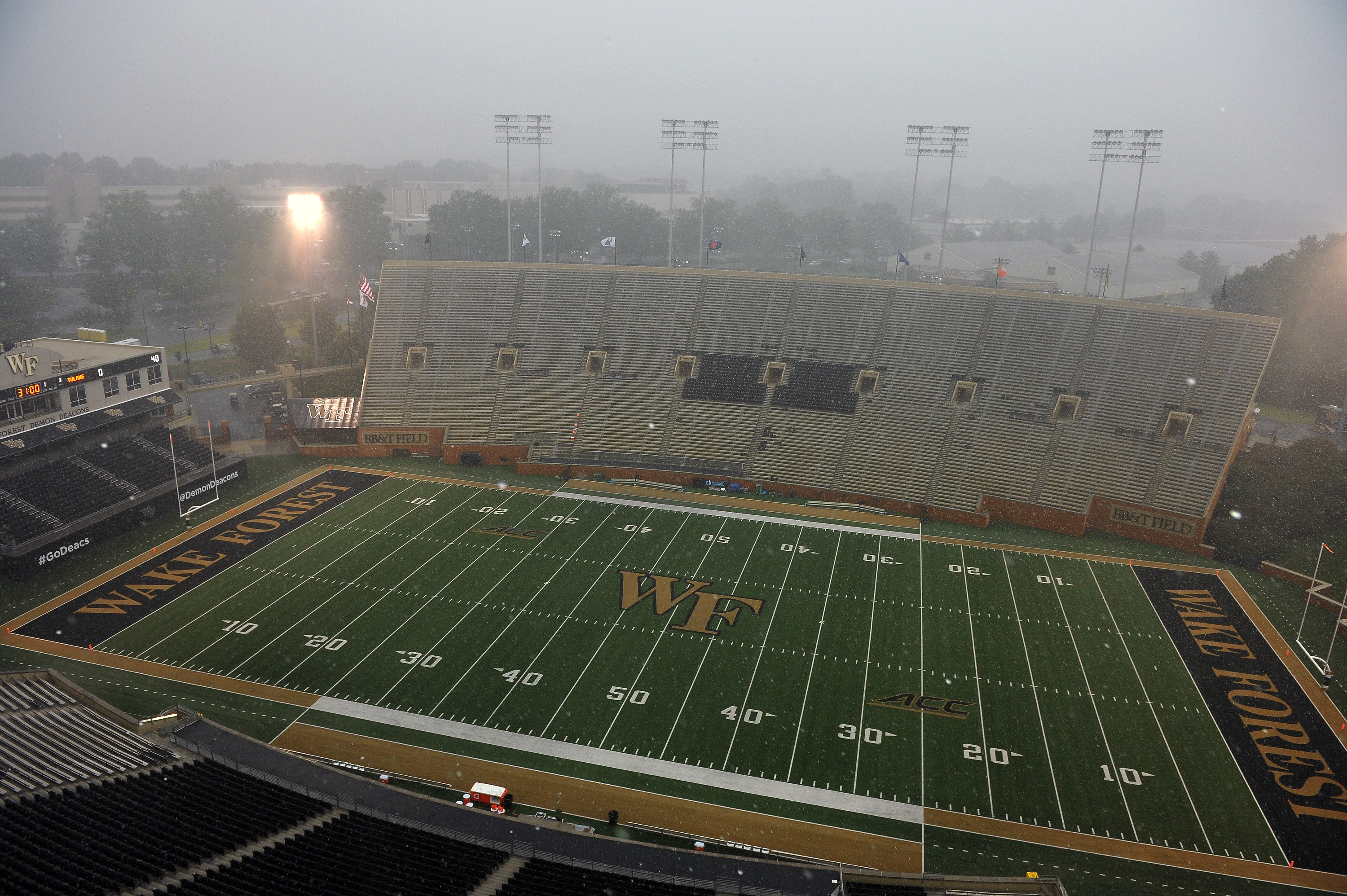 WINSTON-SALEM, NC - SEPTEMBER 01: A general view during a rainstorm prior to the game between the Tulane Green Wave and the Wake Forest Demon Deacons at BB&T Field on September 1, 2016 in Winston-Salem, North Carolina.   Lance King/Getty Images/AFP