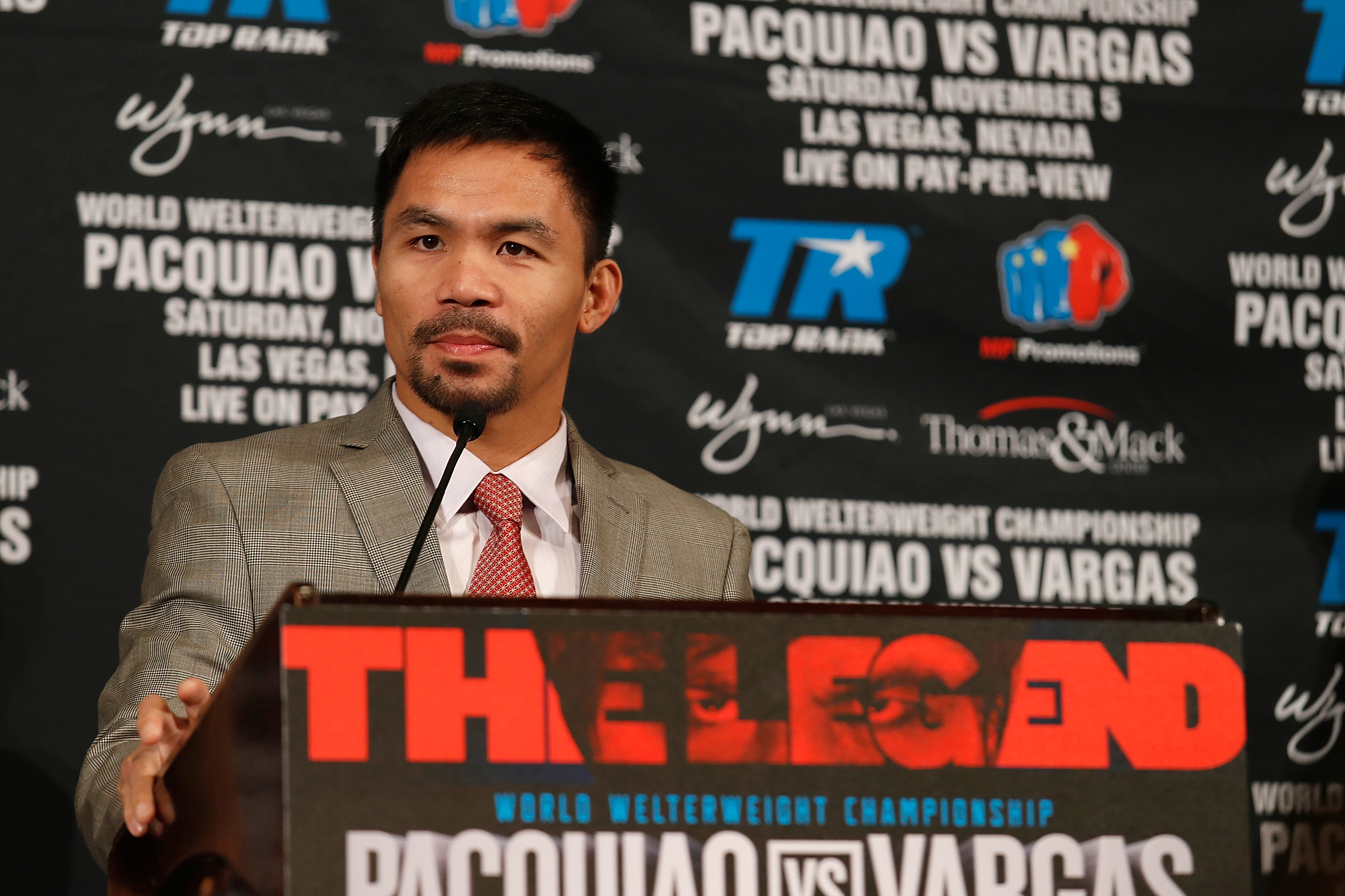 BEVERLY HILLS, CA - SEPTEMBER 08: Manny Pacquiao speaks during a press conference at the Beverly Hills Hotel on September 8, 2016 in Beverly Hills, California.   Josh Lefkowitz/Getty Images/AFP