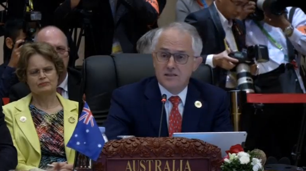 Australian Prime Minister Malcolm Turnbull calls for restraint on South China Sea and urges regional partners to act collectively against Islamic State threat in the region. (Photo captured from Reuters video)