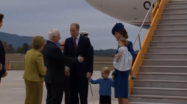 Prince William and Kate, Britain's Duke and Duchess of Cambridge, and their children Prince George and Princess Charlotte, begin their visit to Canada where they are welcomed by Canadian Prime Minister Justin Trudeau.(Photo grabbed from Reuters video)