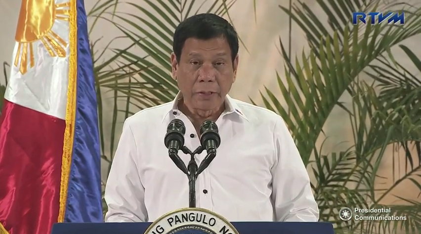 President Rodrigo Duterte gives a speech upon his arrival at the Davao City airport from his visit to Indonesia. (Photo grabbed from RTVM video)