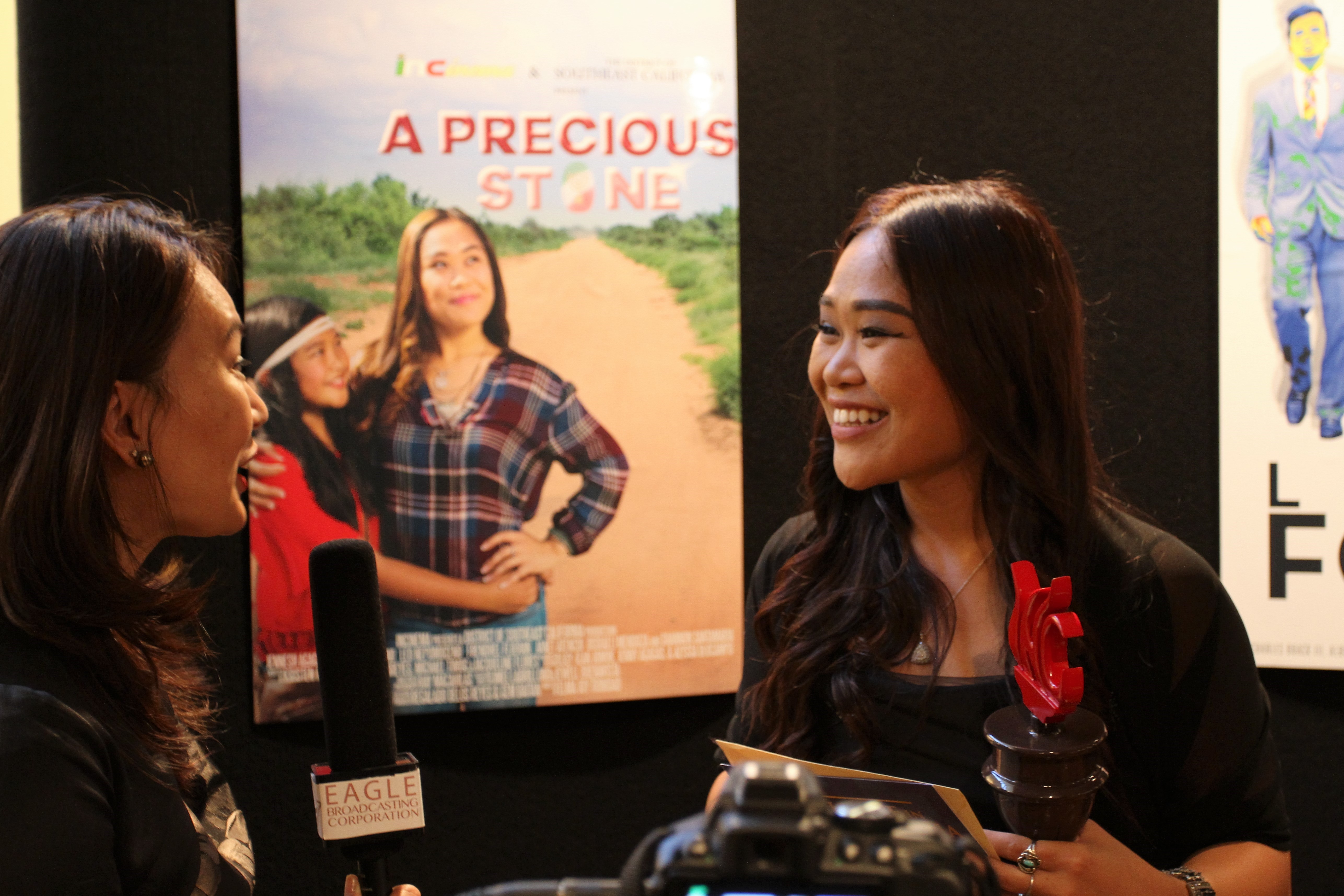Jannesh Agagas gets Interviewed by Eagle News after winning the Best Actress Award at the Excellence in Visual Media Awards North America 2016. (Photo by: Jay Vee Baltazar) 