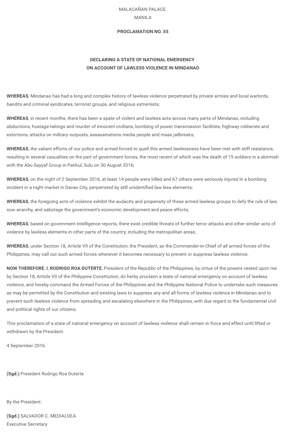 Proclamation No. 55 s. 2016