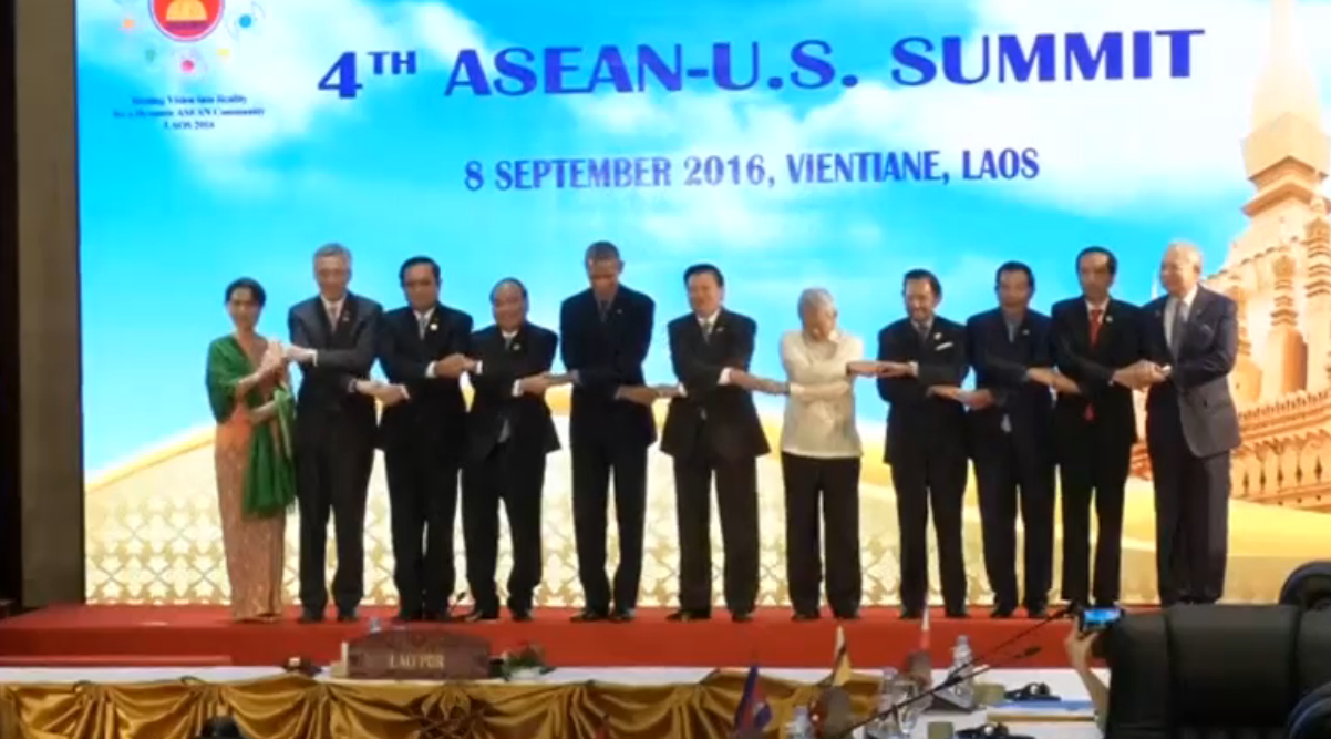 The ASEAN-US Summit in Laos which Philippine president Rodrigo Duterte skipped.  In the photo, Foreign Affairs Secretary Perfecto Yasay Jr., attended the summit, including the ceremonial handshake, in Duterte's place.  (Photo grabbed from Reuters video)