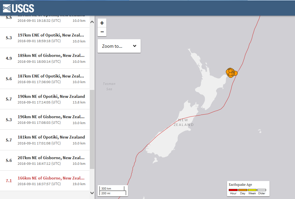 A screengrab of the USGS website indicating the 7.1 magnitude quake that struck New Zealand, including its numerous other aftershocks. (Courtesy usgs.gov website)