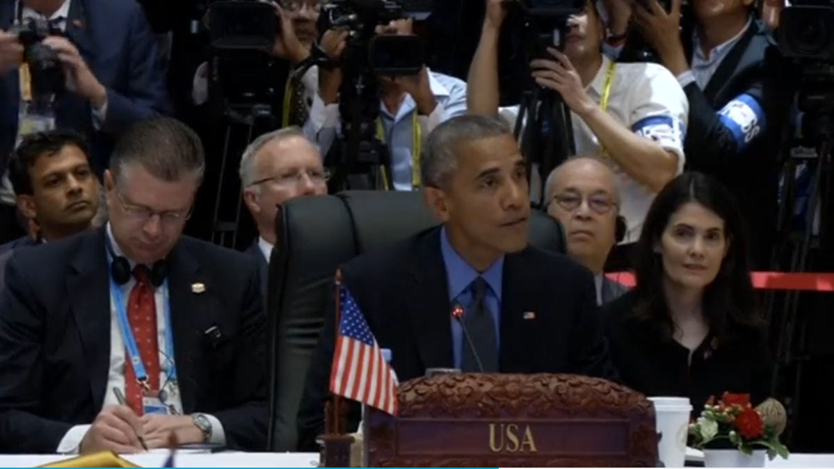 U.S. President Barack Obama, who attended the ASEAN (Association of Southeast Asia Nations) meeting for the last time, says the region is key to promoting world peace and prosperity as he holds talks on issues such as the tension in the South China Sea, trade and counter-terrorism. (Photo grabbed from Reuters video)