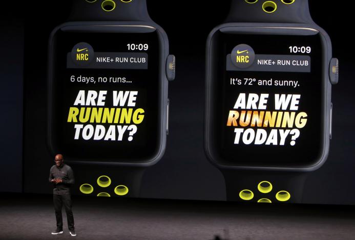 Trevor Edwards, President of Nike Brand, discusses the Apple Watch with Nike+ during a media event in San Francisco, California, U.S. September 7, 2016. REUTERS/Beck Diefenbach