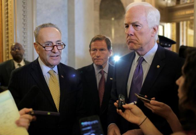 Senators Chuck Schumer (D-NY) (L), Richard Blumenthal (D-CT), and John Cornyn (R-TX), speak after the Senate voted to override U.S. President Barack Obama's veto of a bill that would allow lawsuits against Saudi Arabia's government over the Sept. 11 attacks, on Capitol Hill in Washington, U.S., September 28, 2016. REUTERS/Joshua Roberts
