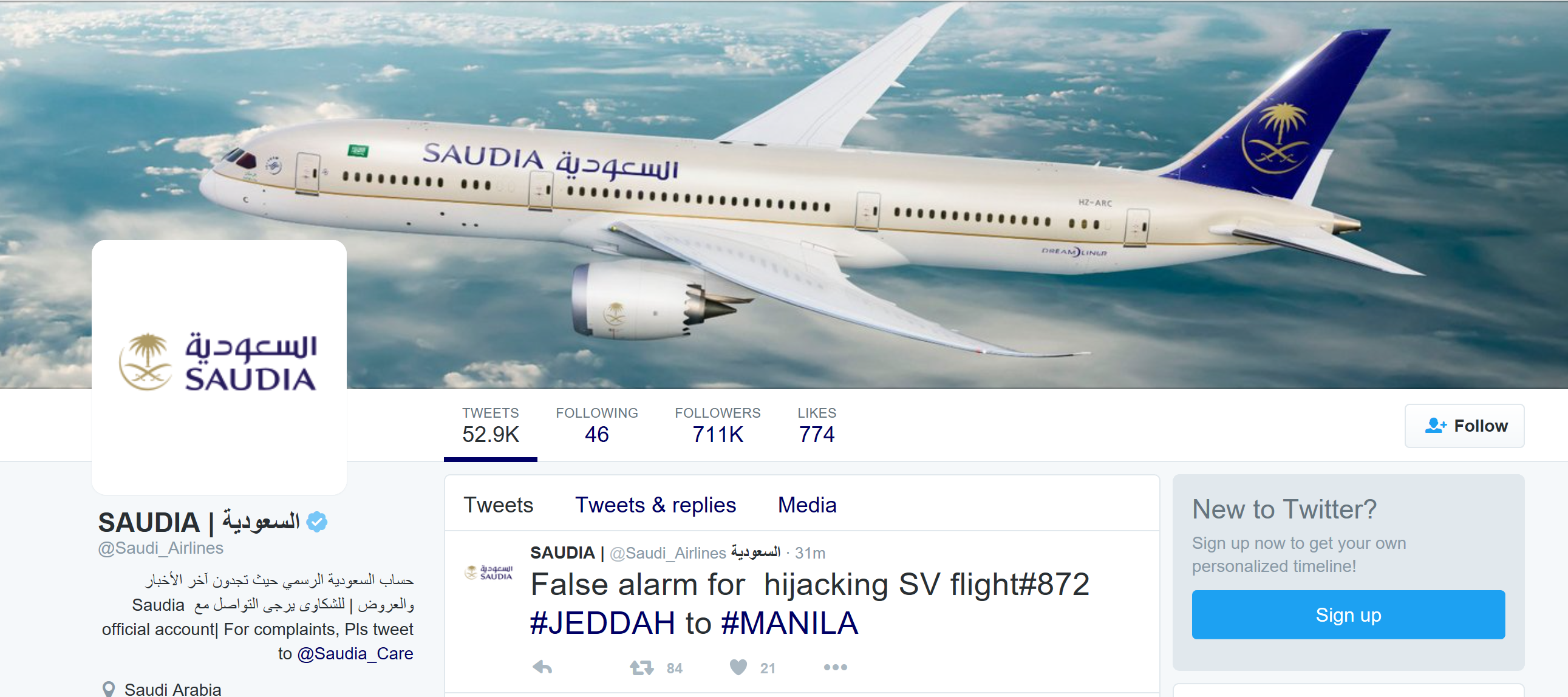 Screen photo snip of Saudia twitter account.
