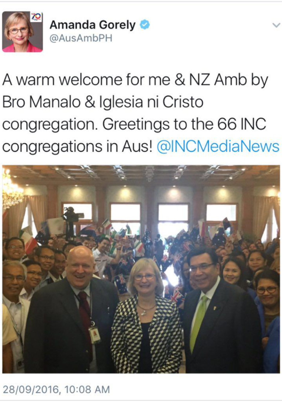 A tweet from Australian Ambassador Amanda Gorely on the warm welcome she and New Zealand Ambassador David Strachan received from Iglesia Ni Cristo Executive Minister Brother Eduardo V. Manalo at the INC Central Office in Quezon City on Wednesday, September 28)