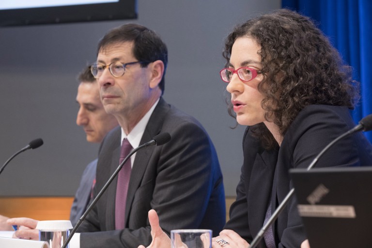 This IMF handout photo shows International Monetary Fund Economic Counsellor Maurice Obstfeld (2nd L), Deputy Director Gian Maria Milesi-Ferretti (L) and Chief of the World Economic Studies Oya Celasun (2nd R) answering questions during the World Economic Outlook Press Conference at the IMF Headquarters during the 2016 IMF/World Bank Annual Meetings October 4, 201 in Washington, DC. / AFP PHOTO / IMF / Stephen Jaffe / RESTRICTED TO EDITORIAL USE - MANDATORY CREDIT "AFP PHOTO /IMF/Stephen JAFFE" - NO MARKETING NO ADVERTISING CAMPAIGNS - DISTRIBUTED AS A SERVICE TO CLIENTS