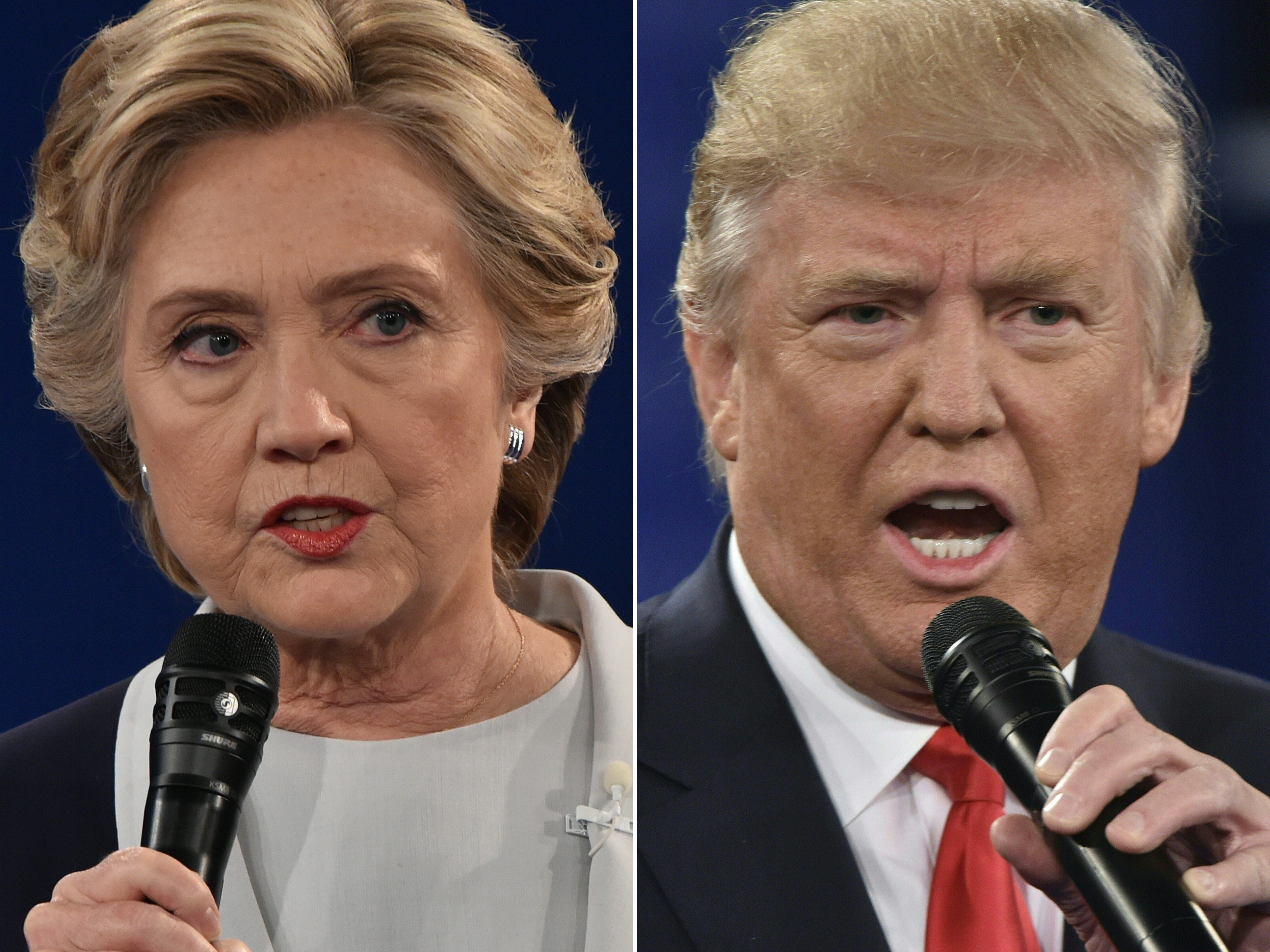 (COMBO) This combination of pictures created on October 09, 2016 shows Democratic presidential candidate Hillary Clinton and Republican presidential candidate Donald Trump during the second presidential debate at Washington University in St. Louis, Missouri on October 9, 2016. / AFP PHOTO / Paul J. Richards