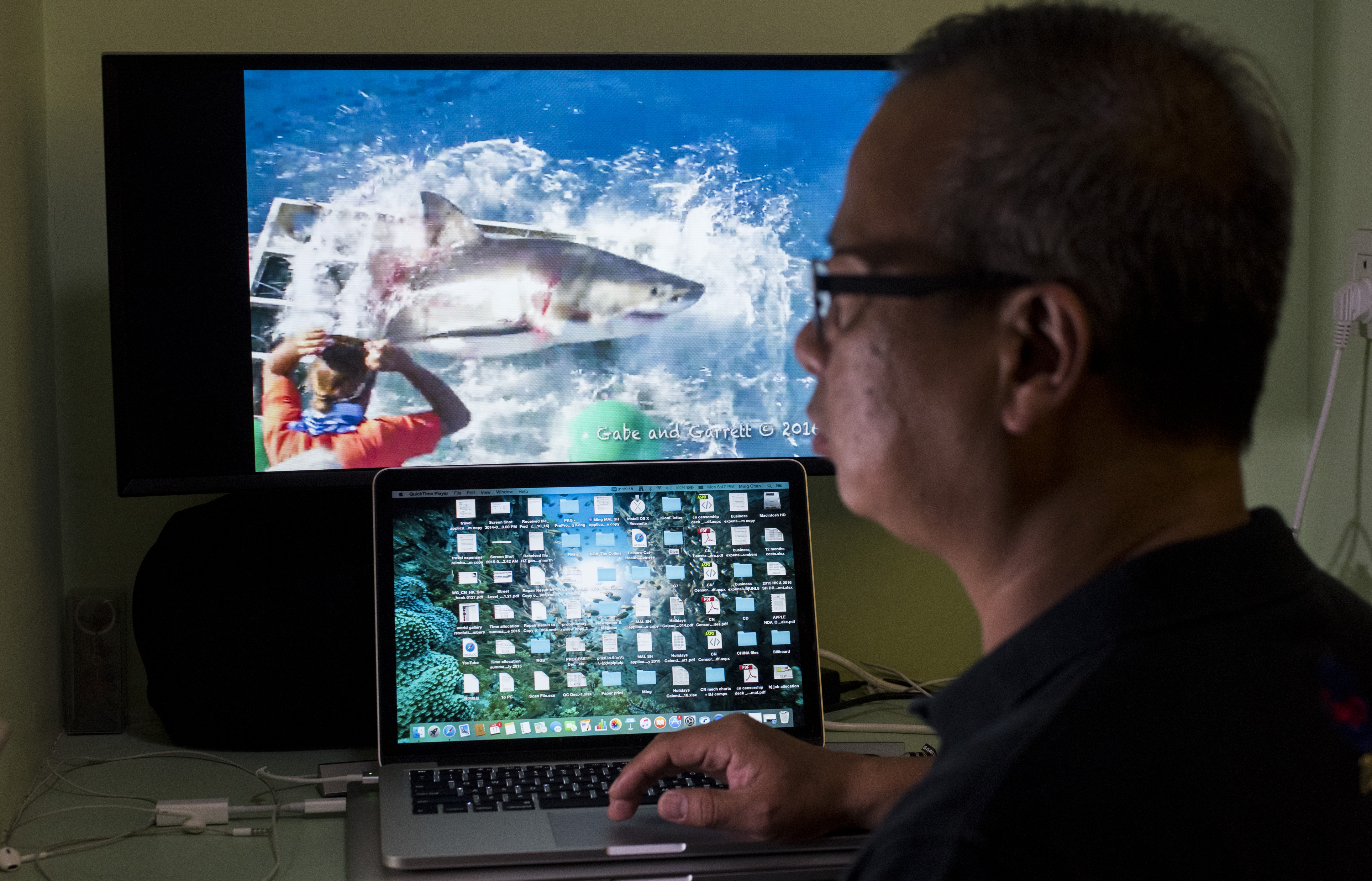This picture taken on October 18, 2016 shows Chan Ming, who survived a close encounter with a great white shark while cage diving off Guadalupe Island, Mexico, watching the viral video of the great white shark on his computer in Shanghai.  Chan, who also teaches diving part time, escaped unhurt and according to him he returned to the water the following day.  / AFP PHOTO / JOHANNES EISELE