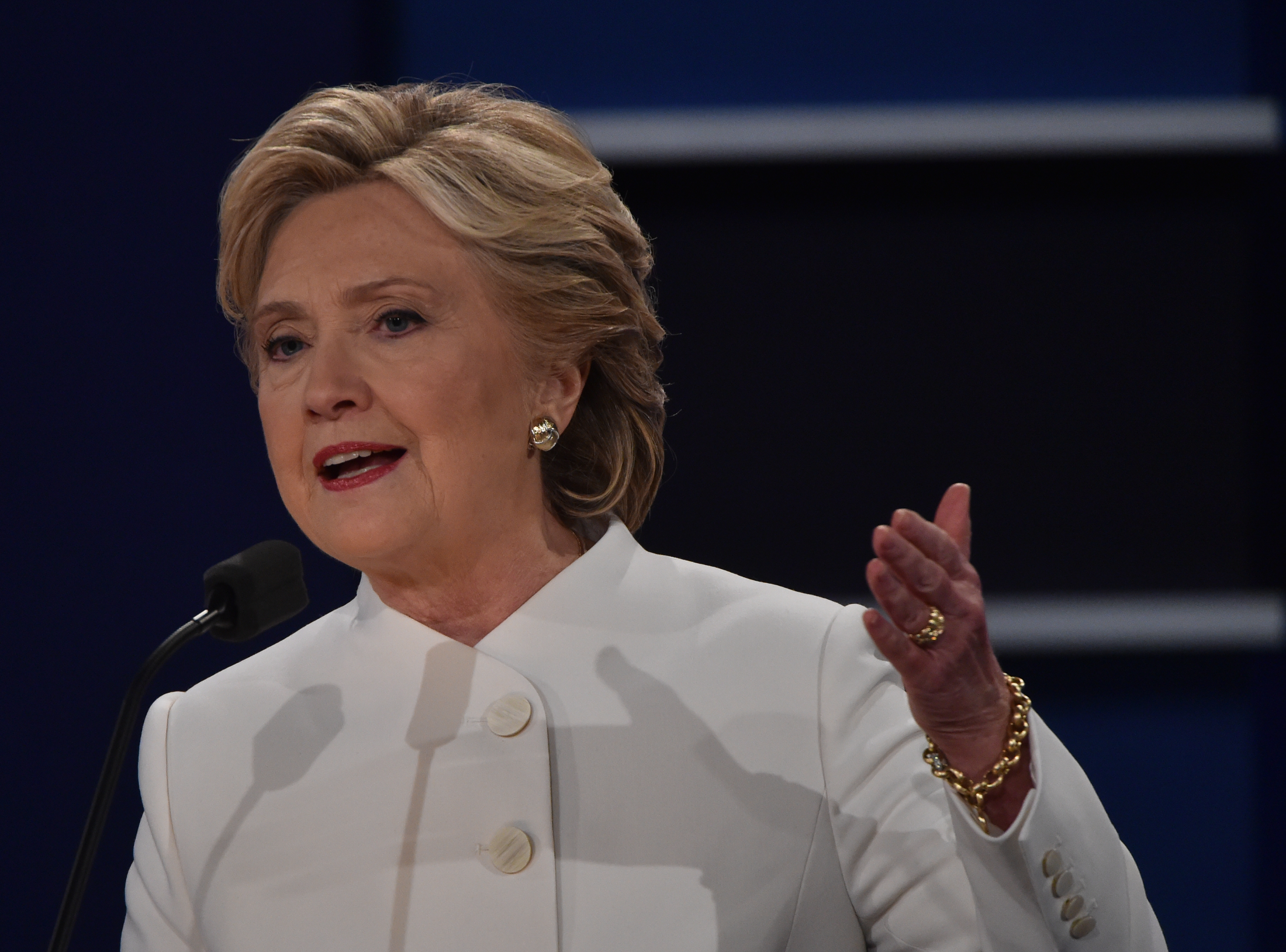 Democratic presidential nominee Hillary Clinton speaks during the third and final US presidential debate with Republican nominee Donald Trump at the Thomas & Mack Center on the campus of the University of Las Vegas in Las Vegas, Nevada on October 19, 2016. / AFP PHOTO / Paul J. Richards