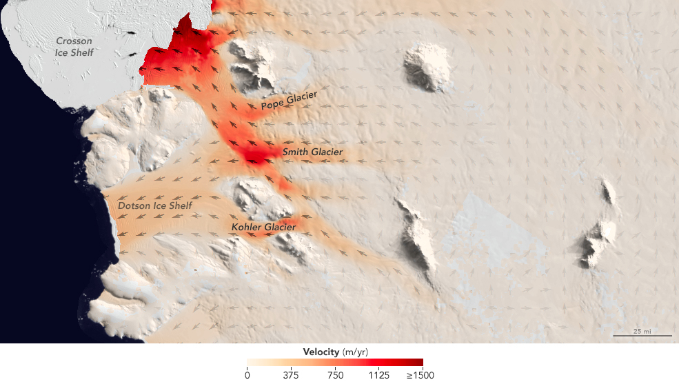 A handout graphic released by Nature and created by NASA's Earth Observatory shows flow speeds of the Smith, Pope and Kohler Glaciers and the Dotson Ice Shelf. A large glacier in West Antarctica lost up to half a kilometre in thickness in seven years, thinning more quickly than scientists thought possible, according to a study released on October 25, 2016. The Smith Glacier, spilling into the Amundsen Sea, shed up to 70 metres (230 feet) per year between 2002 and 2009, according to the study, based on NASA data collected during aerial flyovers.  / AFP PHOTO / NATURE PUBLISHING GROUP / NASA / RESTRICTED TO EDITORIAL USE - MANDATORY CREDIT "AFP PHOTO / NATURE / NASA " - NO MARKETING NO ADVERTISING CAMPAIGNS - DISTRIBUTED AS A SERVICE TO CLIENTS