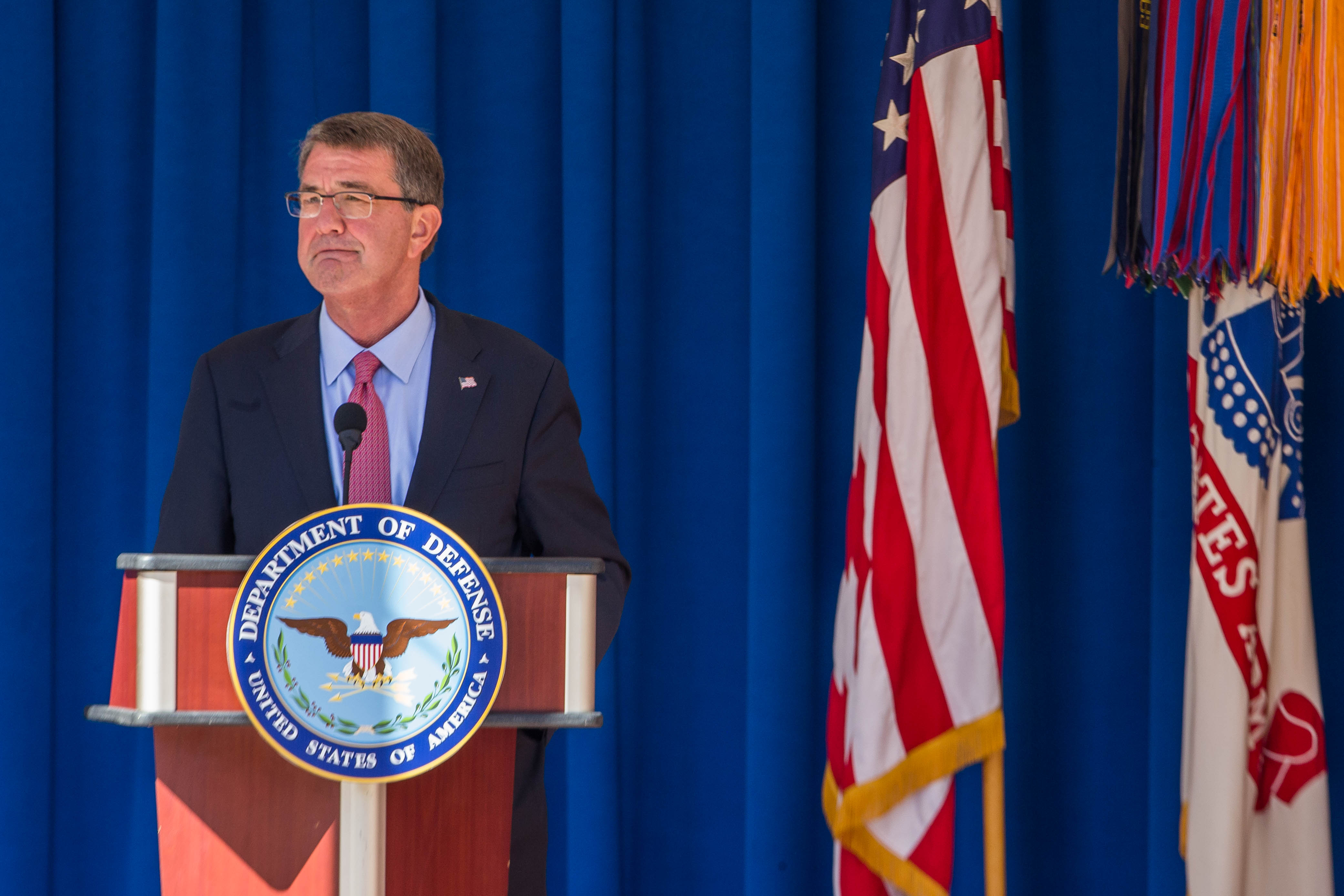 ARLINGTON, VA - OCTOBER 03: U.S. Defense Secretary Ash Carter speaks during a ceremony honoring 2016 active duty military Olympians and Paralympians at The Pentagon on October 3, 2016 in Arlington, Virginia. The ceremony hosted 20 members of the U.S. military who competed in the 2016 games. Zach Gibson/Getty Images/AFP