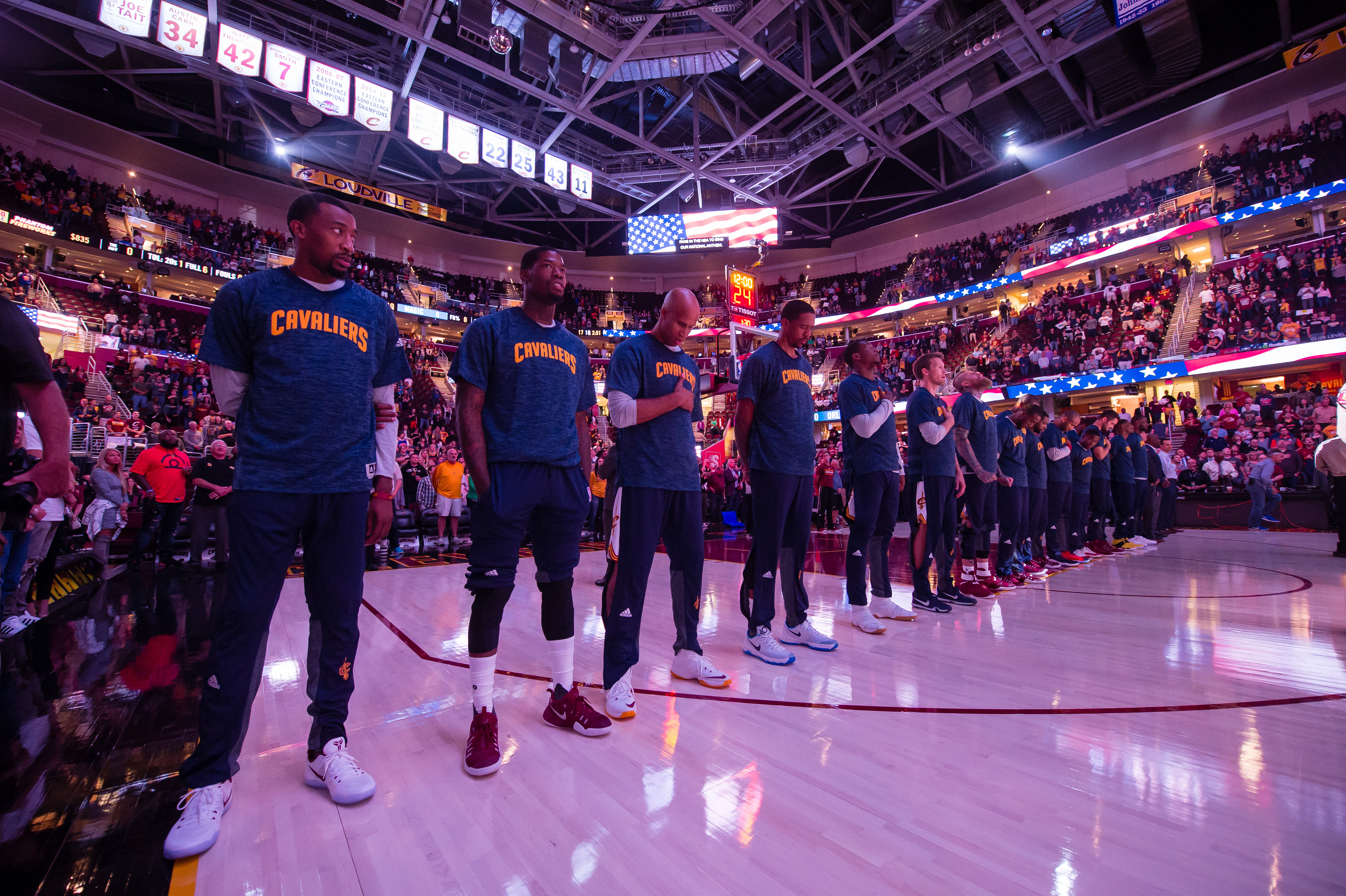 CLEVELAND, OH - OCTOBER 5: The Cleveland Cavaliers during the national anthem prior to the game Orlando Magic at Quicken Loans Arena on October 5, 2016 in Cleveland, Ohio. NOTE TO USER: User expressly acknowledges and agrees that, by downloading and/or using this photograph, user is consenting to the terms and conditions of the Getty Images License Agreement. Mandatory copyright notice. Jason Miller/Getty Images/AFP