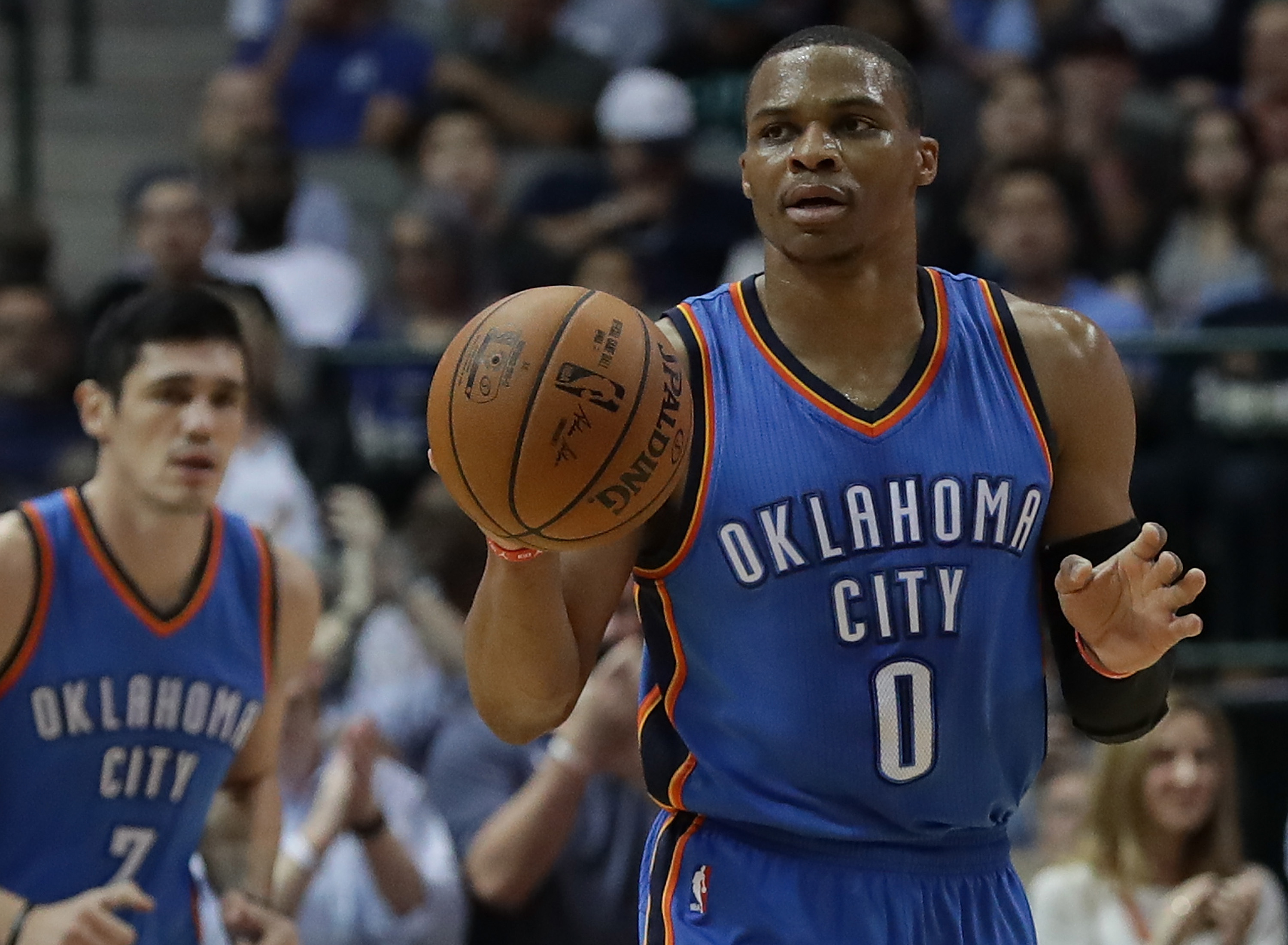 DALLAS, TX - OCTOBER 11: Russell Westbrook #0 of the Oklahoma City Thunder dribbles the ball against the Dallas Mavericks during a preseason game at American Airlines Center on October 11, 2016 in Dallas, Texas. Ronald Martinez/Getty Images/AFP