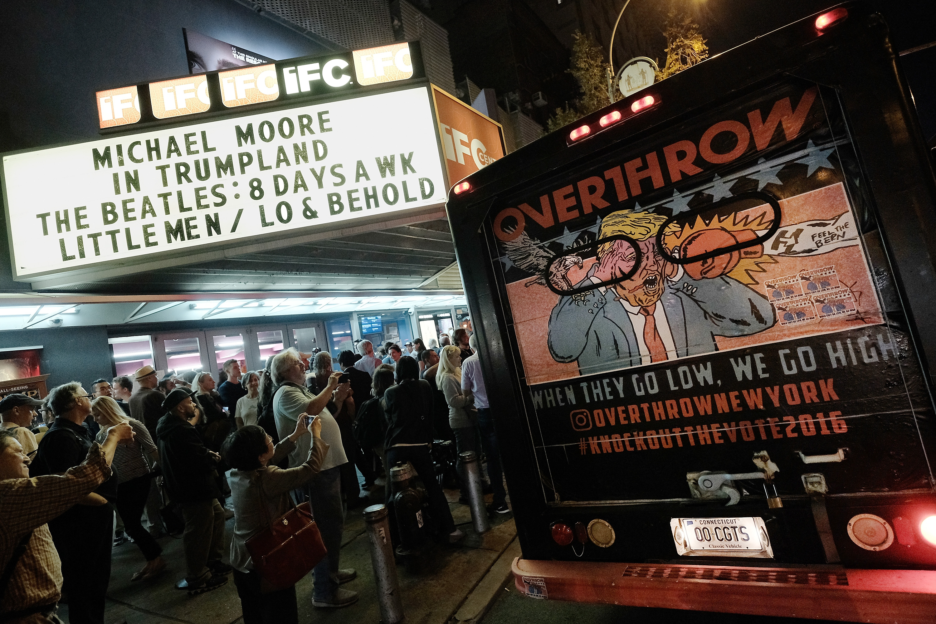 NEW YORK, NY - OCTOBER 18: The marquee at the IFC Theater for the premiere of the documentary "Michael Moore In TrumpLand" at the IFC Center on October 18, 2016 in New York City. Free tickets to the premiere were distributed at the box office on a first-come-first-serve basis, and then the film was expected to play in Los Angeles and New York City over the weekend and be available via iTunes.   Jemal Countess/Getty Images/AFP
