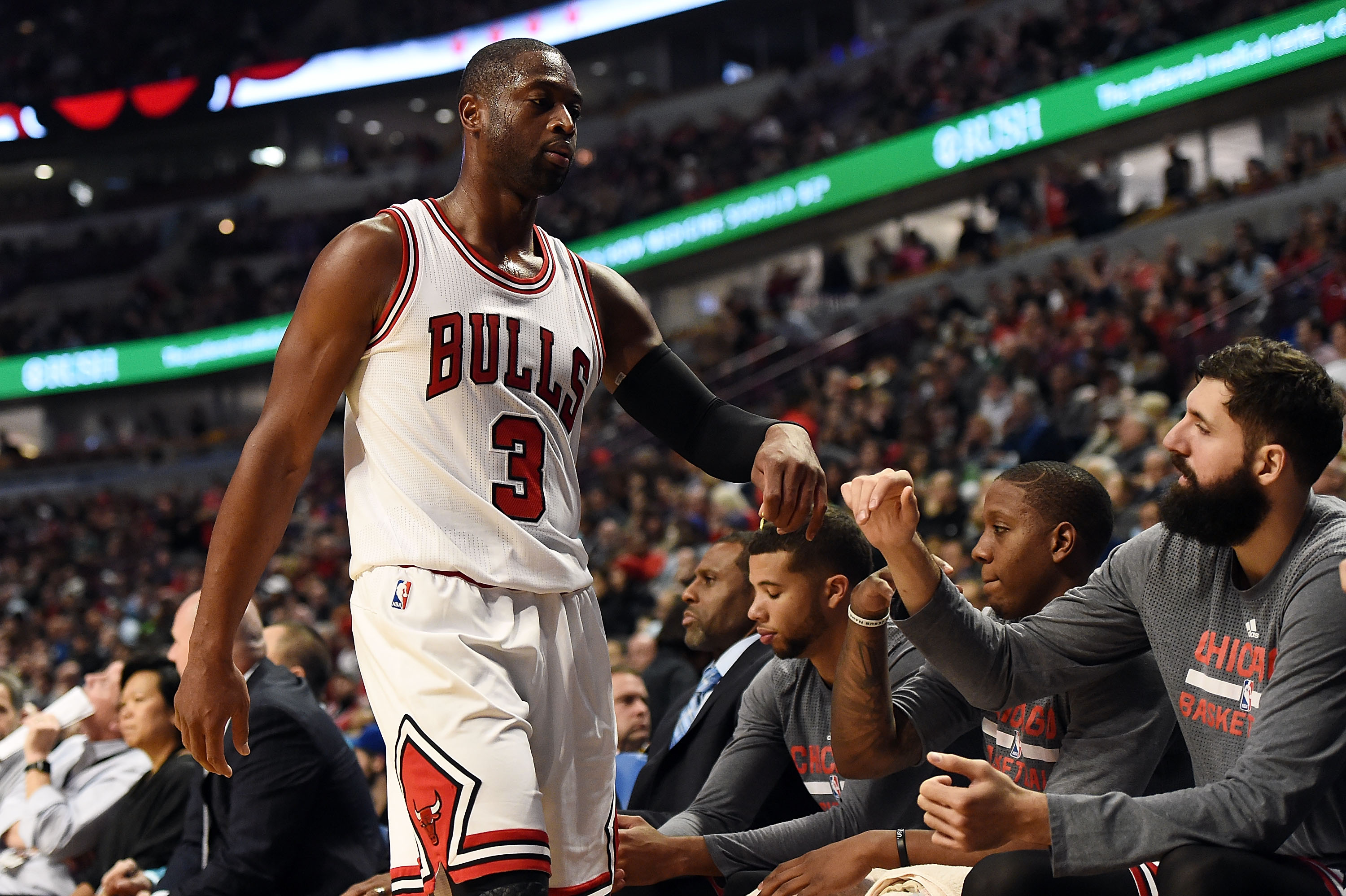 CHICAGO, IL - OCTOBER 27: Dwyane Wade #3 of the Chicago Bulls walks to the bench during the second half of a game against the Boston Celtics at the United Center on October 27, 2016 in Chicago, Illinois. NOTE TO USER: User expressly acknowledges and agrees that, by downloading and or using this photograph, User is consenting to the terms and conditions of the Getty Images License Agreement.   Stacy Revere/Getty Images/AFP