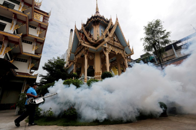 A city worker fumigates the area to control the spread of mosquitoes at a temple in Bangkok, Thailand, September 14, 2016. REUTERS/Chaiwat Subprasom/File Photo