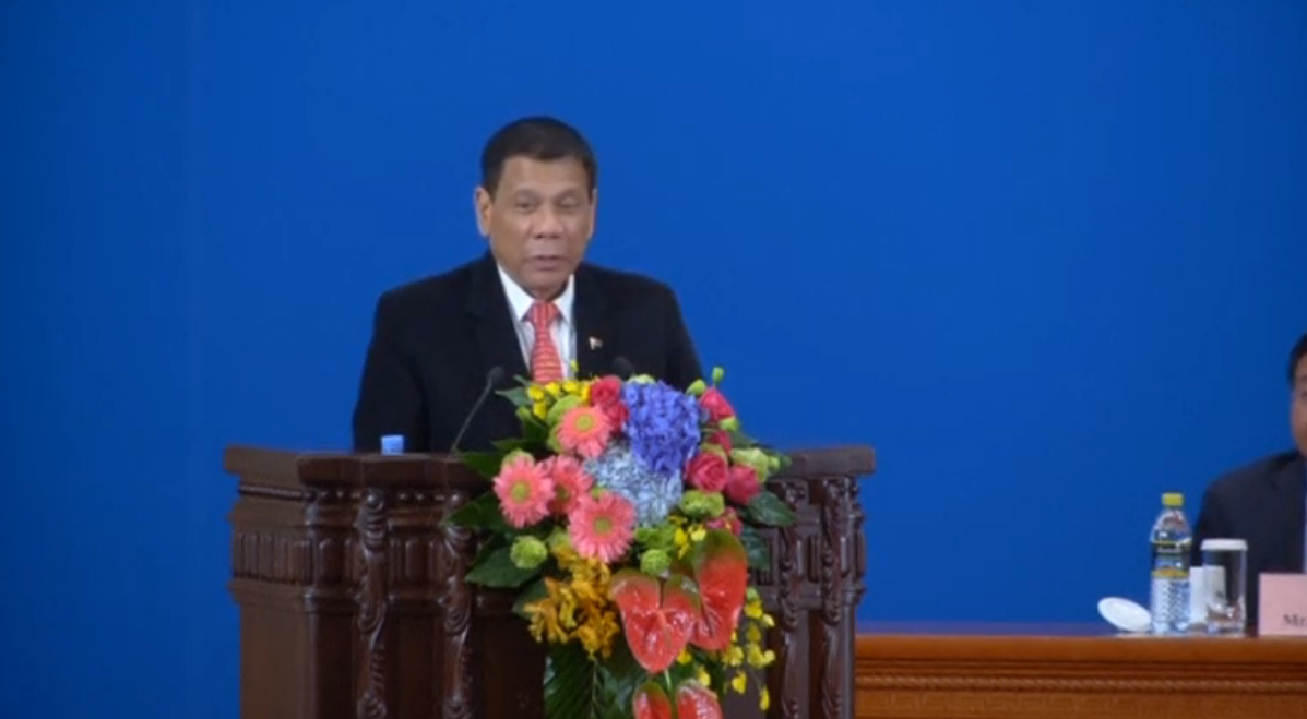 President Rodrigo Duterte addresses the audience at the Great Hall of the People in Beijing, China. (Photo grabbed from Reuters video)