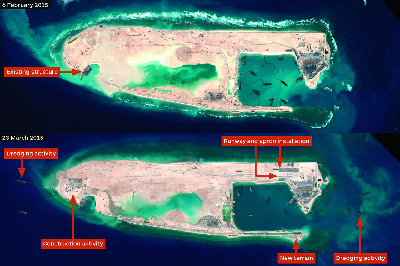 File photo. Satellite-imagery-of-runway-construction-at-Fiery-Cross-Reef-in-the-Spratly-Islands-dated-February-6-and-March-23-by-AIrbus-Defense-and-Space-Photo-CNES-2015