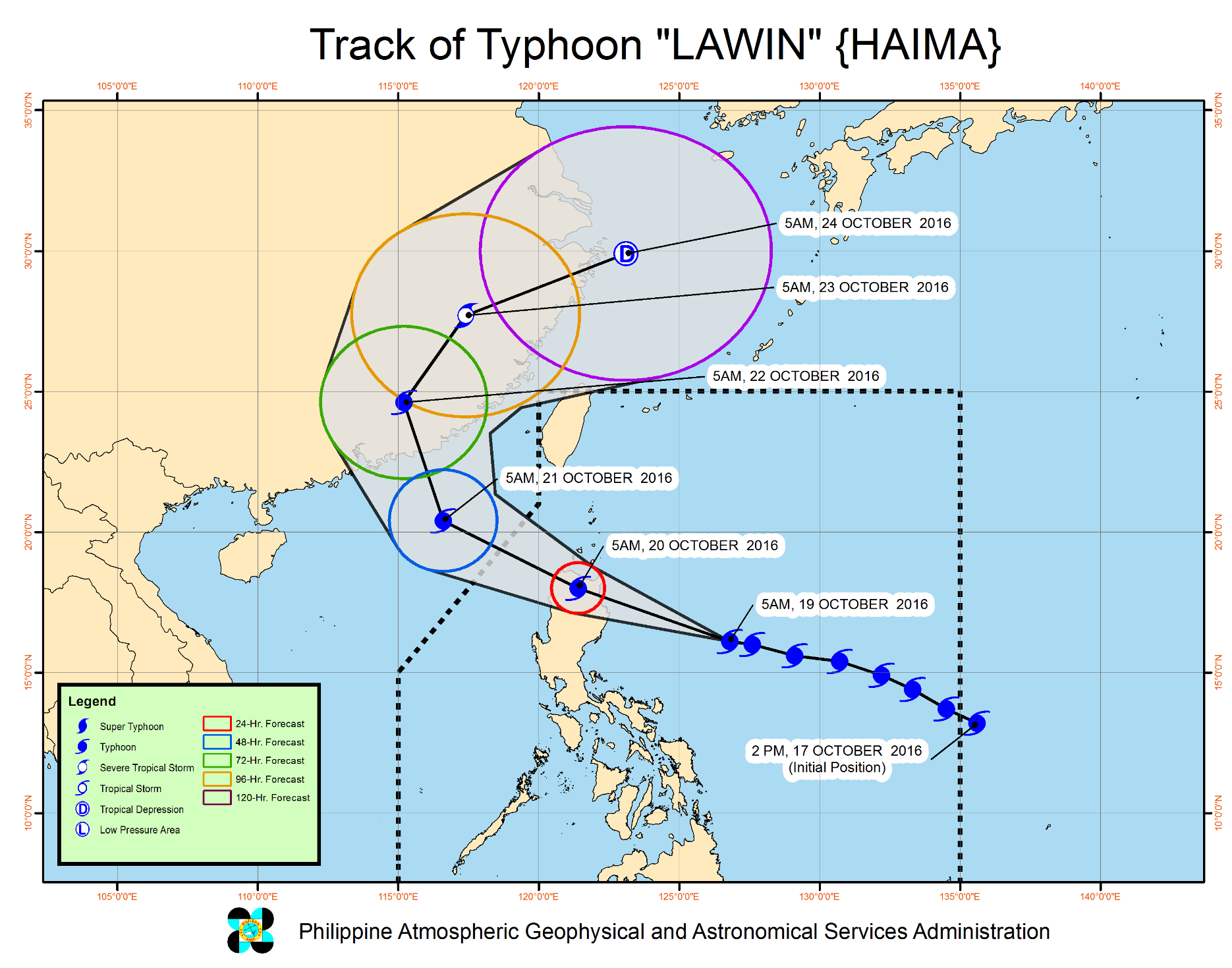 The projected path of typhoon Lawin which packs winds of up to 210 kph and gusts of up to 260 kph. (Courtesy PAGASA-DOST)