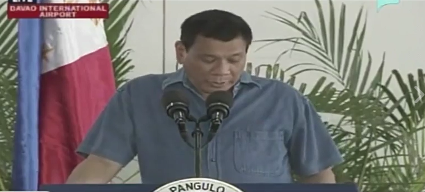 President Rody Duterte delivers a statement before departing the Davao International Airport to embark on his State Visit to Brunei Darussalam on October 16, 2016.  (Eagle News Service/ photo grabbed from RTVM video)
