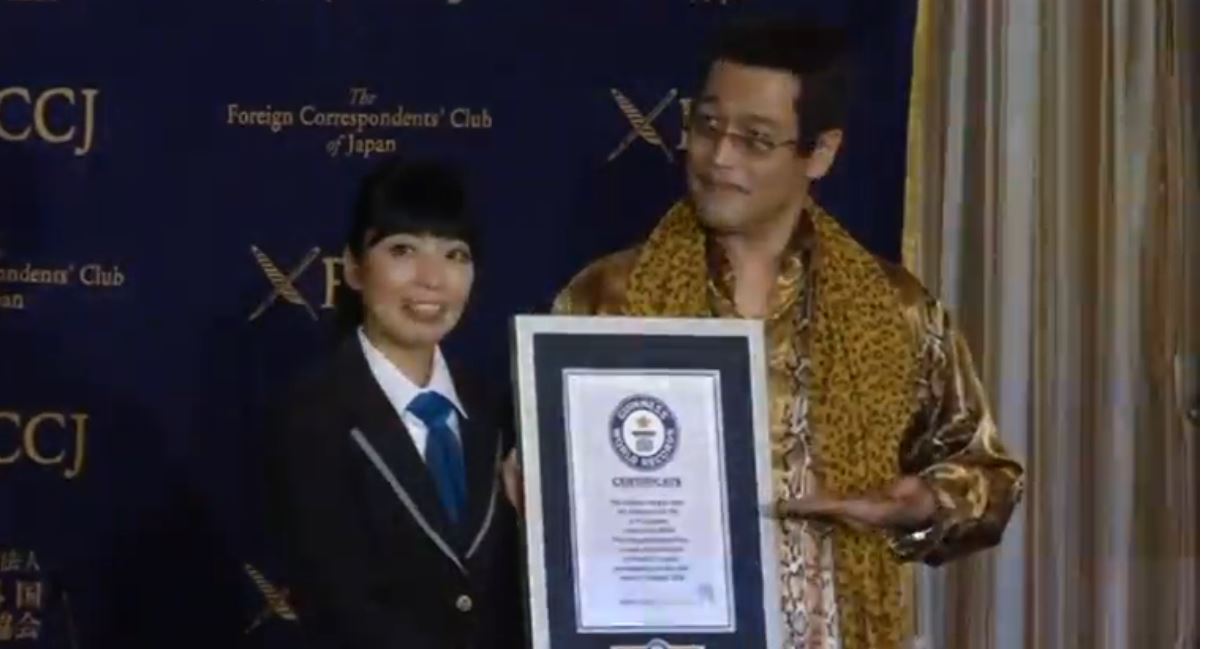 Pen-Pineapple-Apple-Pen singer and Youtube star, Pikotaro, unveils the long version of the song for the first time in Tokyo. The artist was awarded the Guinness World Record's "Shortest song to make the Billboard Hot 100" on Friday. (Photo grabbed from Reuters video) 