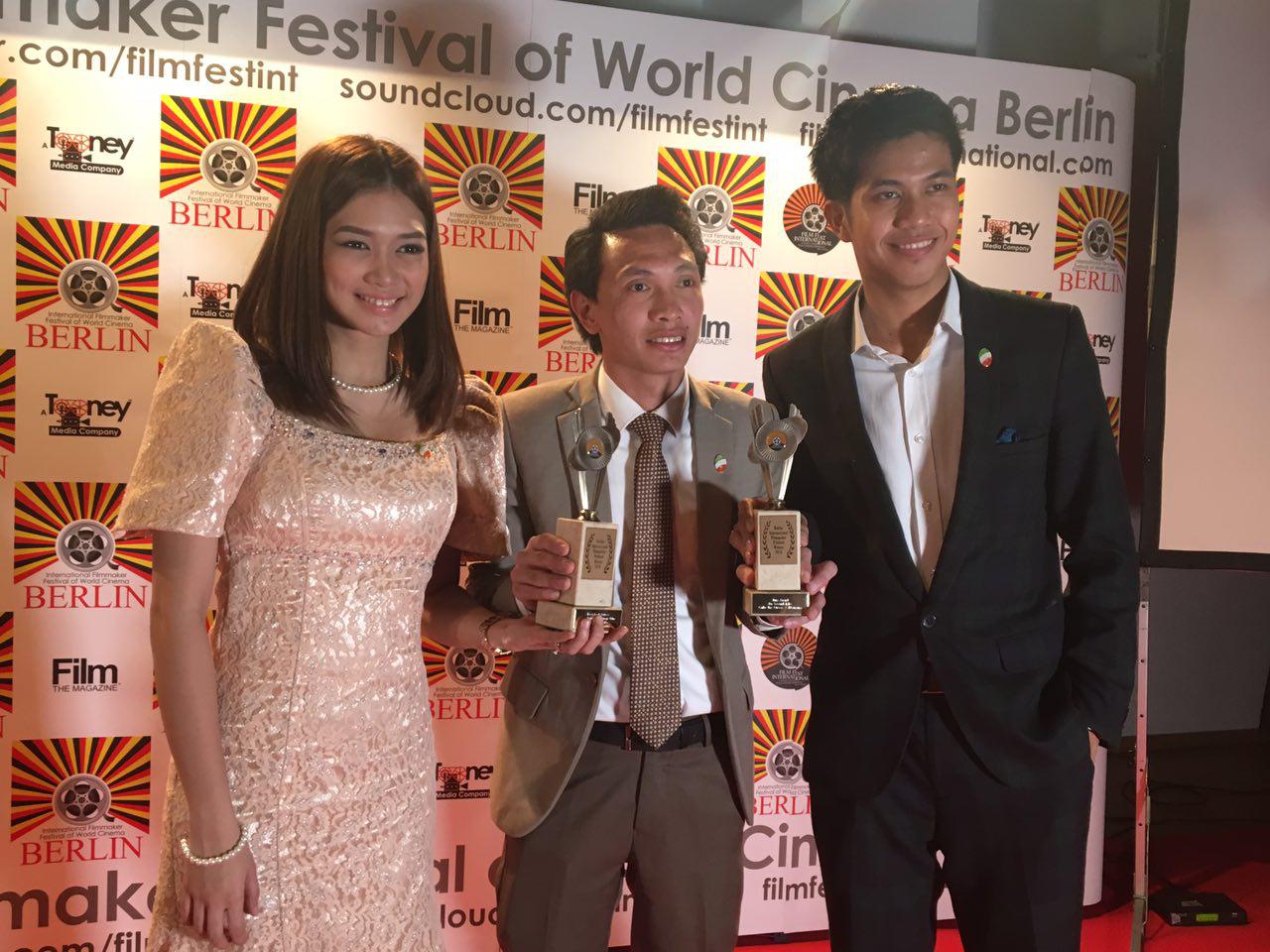 "Best lead actress in a foreign language film" winner Kimberly Anne Cordero, film director Carlo Jay Ortega Cuevas, and "Best lead actor in a foreign language film" nominee John Stevenson Tabangay pose with the trophies won by INCinema's "Walang Take Two" at the Berlin International Filmmakers' Festival held on Saturday, October 29. The INC-produced film bagged the "Jury Award" and the "Best Lead Actress in a foreign language film" during the awards night on Saturday (Eagle News Service) 