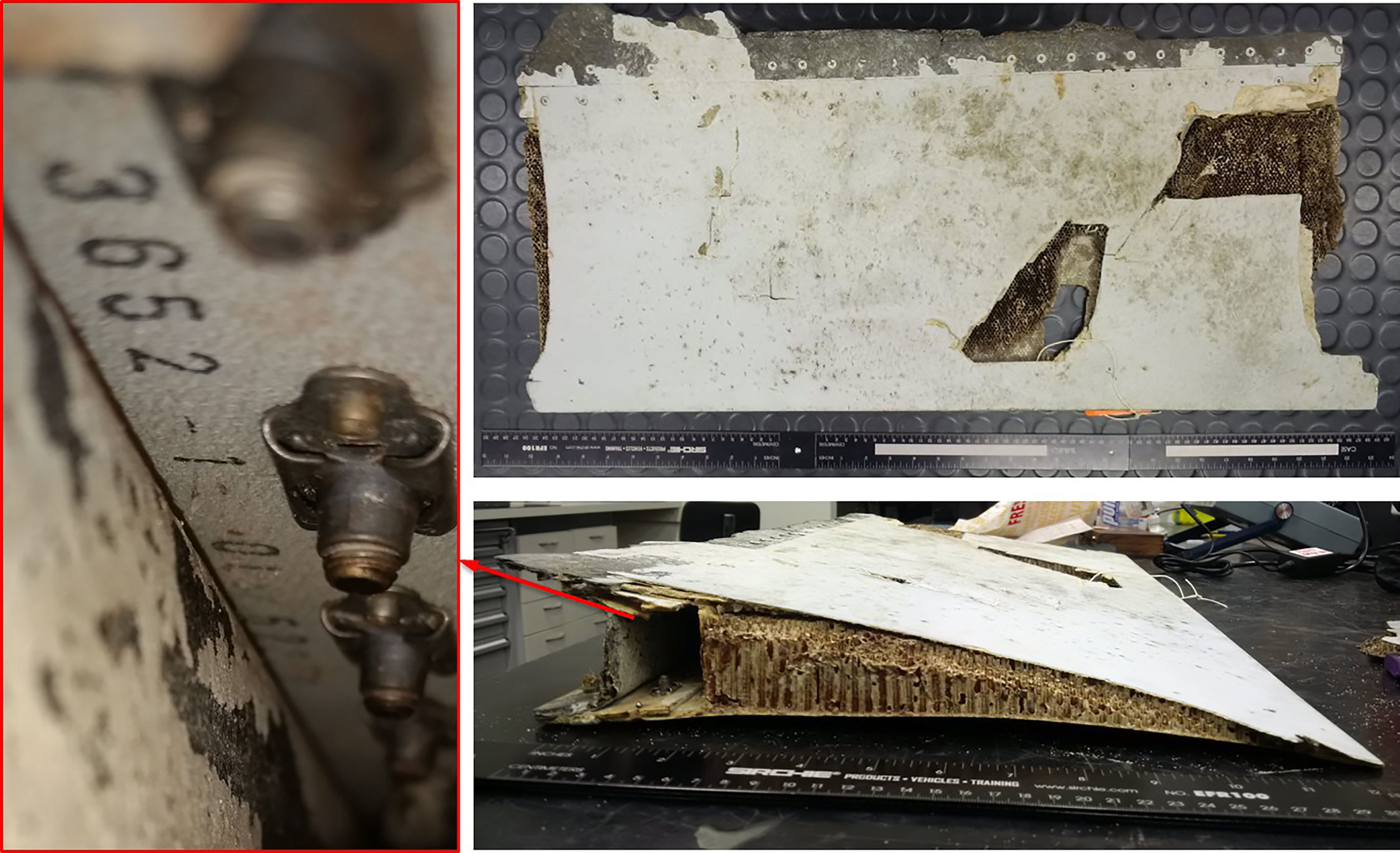 An undated combo photo handout received on October 7, 2016, shows a trailing edge section of Boeing 777 left, outboard flap, originating from the Malaysian Airlines aircraft registered 9M-MRO (MH370), the Australian Transport Safety Bureau (ATSB) said in a report. The piece of debris found in Mauritius is from MH370, Australia said, with the wing part the latest fragment discovered along western Indian Ocean shorelines that has been linked to the missing passenger jet. / AFP PHOTO / ATSB / STR