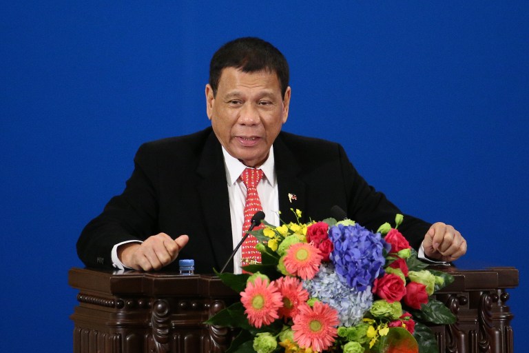 (File photo) Philippines' President Rodrigo Duterte makes a speech during the Philippines-China Trade and Investment Forum at the Great Hall of the People in Beijing on October 20, 2016. The Duterte administration recently got a "very good" net satisfaction rating, with his illegal drug campaign receiving "excellent" satisfaction marks in the latest Social Weather Stations (SWS) survey./ AFP PHOTO / POOL / WU HONG