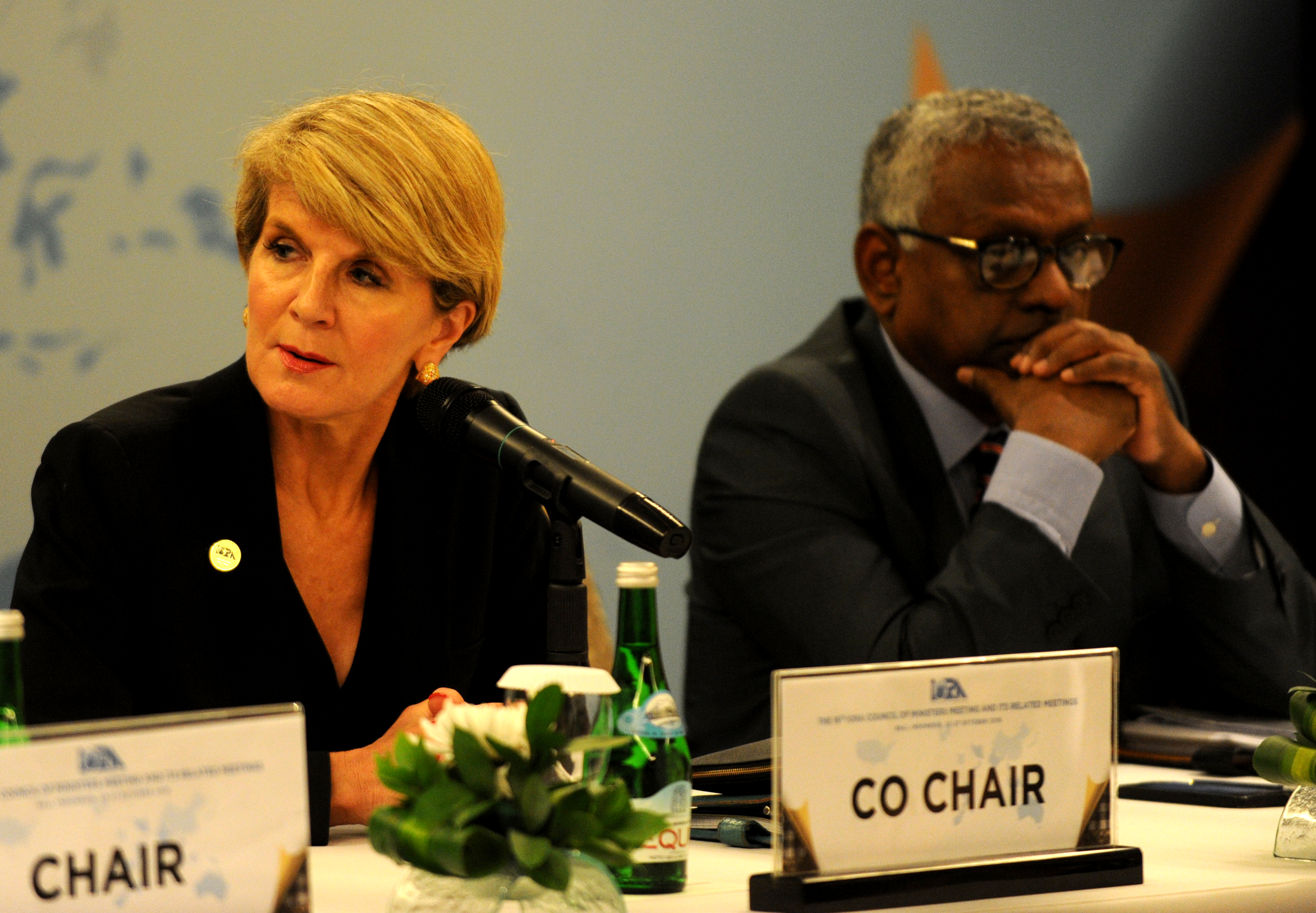 Secretary General of Indian Ocean Rim Association (IORA) K V Bhagirath (R) sits beside Australia's Foreign Minister Julie Bishop (L) as she speaks to journalists during a press confrence of the IORA (Indian Ocean Rim Association) Council of Ministers meeting in Nusa Dua on Indonesia's resort island of Bali on October 27, 2016.  The 16th IORA Meeting and Its Related Meetings are being held from October 22 to 27. / AFP PHOTO / SONNY TUMBELAKA