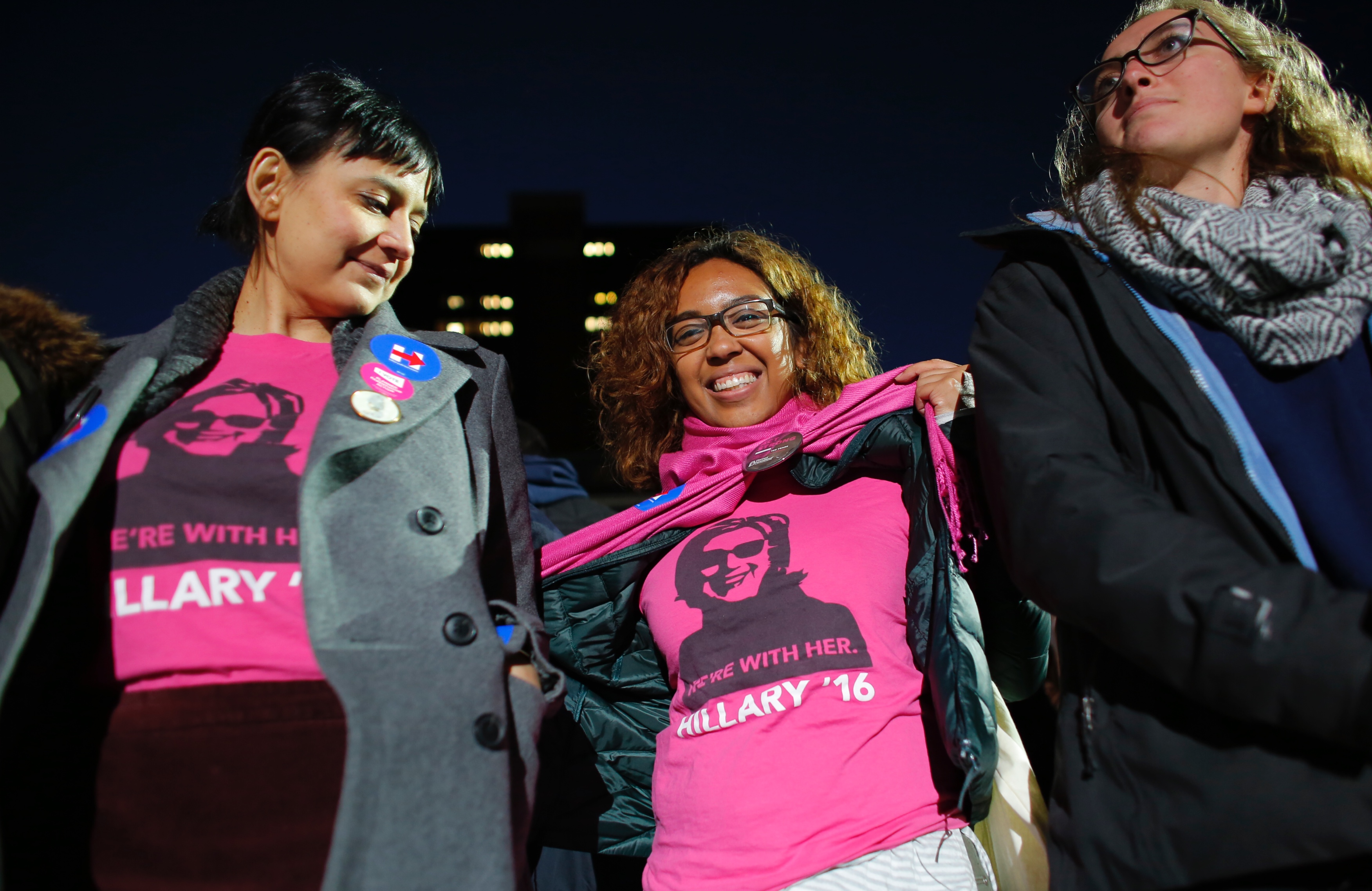 A supporter of Democratic presidential nominee Hillary Clinton pose as she awaits before a Rally on Independence Mall in Philadelphia, Pennsylvania,on November 07, 2016