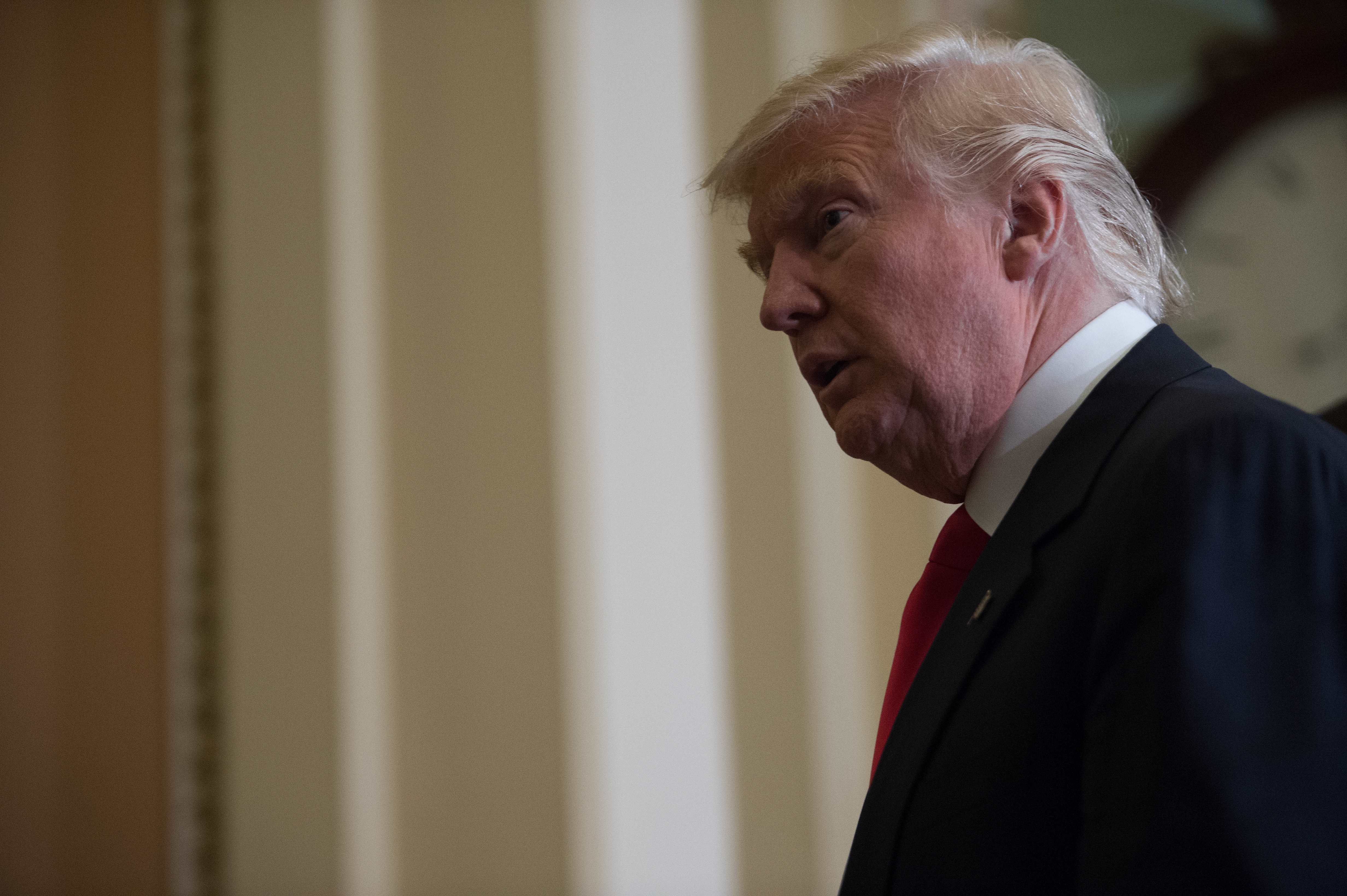 US President-elect Donald Trump leaves a meeting with Senate Majority Leader Mitch McConnell at the Capitol in Washington, DC, on November 10, 2016. / AFP PHOTO / NICHOLAS KAMM