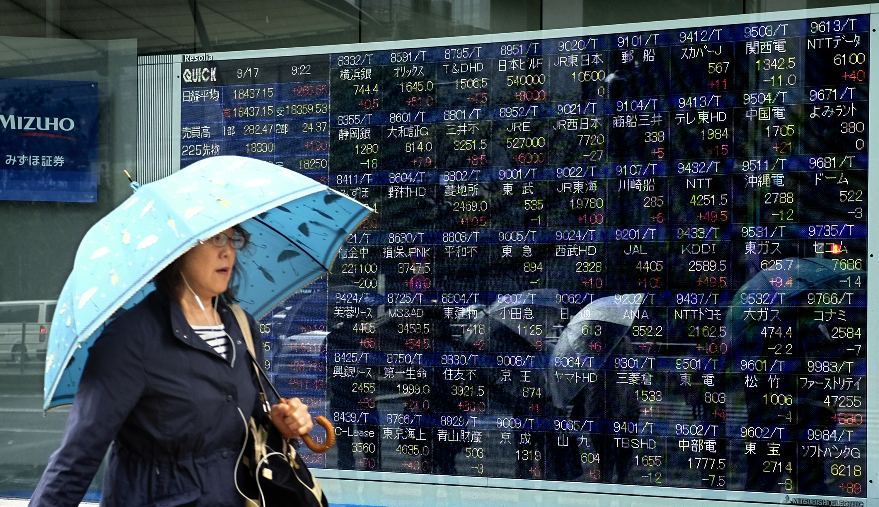 A pedestrian walks past a board showing various share prices on the Nikkei 225 index at the Tokyo Stock Exchange in Tokyo on September 17, 2015. Tokyo shares rose 1.35 percent at the open of trade on September 17, following Wall Street higher for a second day ahead of the Federal Reserve's hotly anticipated interest rate decision. AFP PHOTO / KAZUHIRO NOGI / AFP PHOTO / KAZUHIRO NOGI