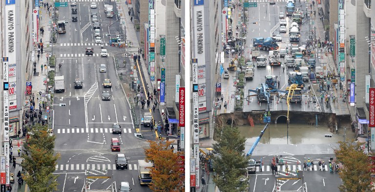 This combo shows a photo of a giant sinkhole (R), measuring around 30 metres (98 feet) wide and 15 metres deep, which appeared in a five-lane street in the middle of the Japanese city of Fukuoka on November 8, 2016 and another photo (L) of the same section of road after repairs were made on November 15.   The Japanese city on November 15 reopened the busy street that collapsed into a giant sinkhole, with efforts of crews who worked round the clock for a week drawing raves on social media. / AFP PHOTO / JIJI PRESS / JIJI PRESS / Japan OUT