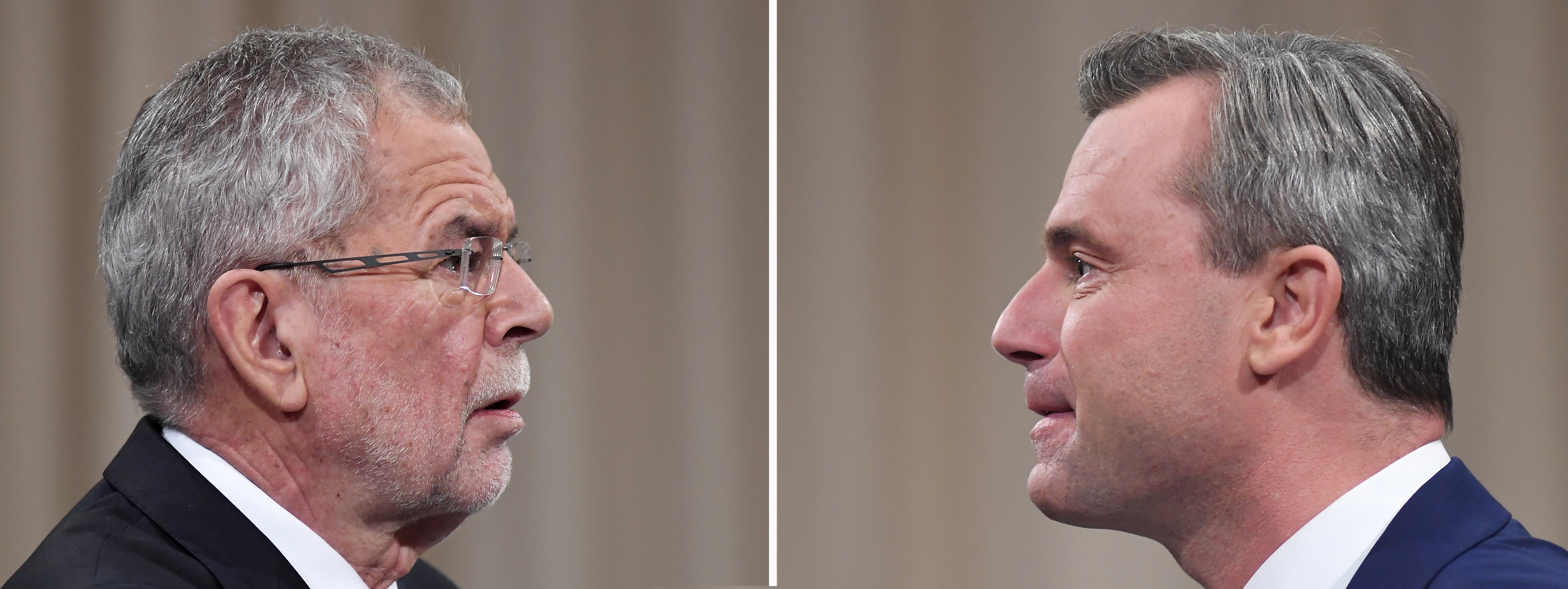 This combo of 2 photos shows Alexander Van der Bellen (L) candidate for presidential elections of the Austrian Greens and Norbert Hofer (R), candidate of Austria's right-wing Freedom Party, FPOE, speaking to each other during a television debate in Vienna, Austria on November 27, 2016. / AFP PHOTO / JOE KLAMAR