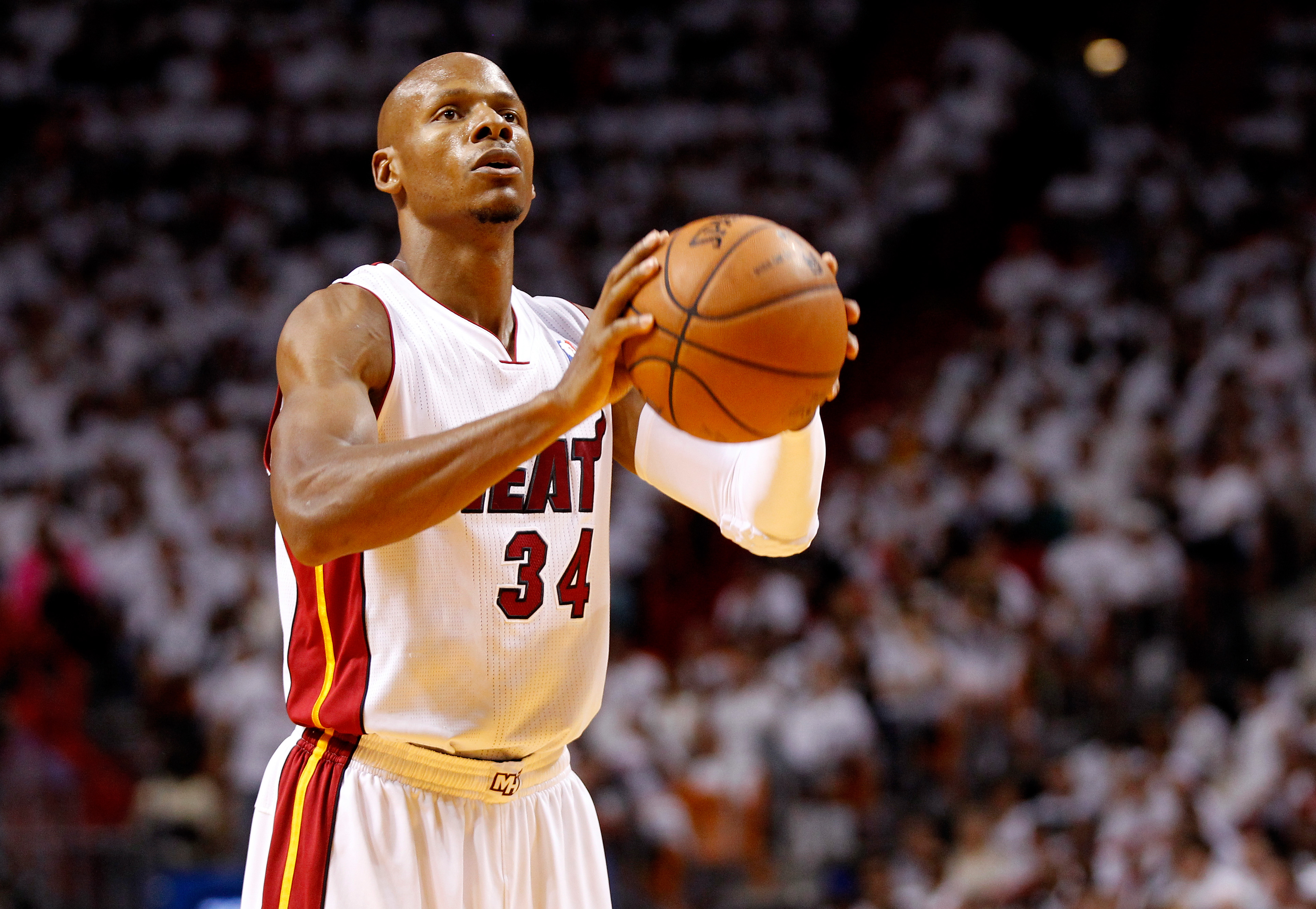 MIAMI, FL - MAY 26: Ray Allen #34 of the Miami Heat takes a foul shot against the Indiana Pacers during Game Four of the Eastern Conference Finals of the 2014 NBA Playoffs at American Airlines Arena on May 26, 2014 in Miami, Florida. NOTE TO USER: User expressly acknowledges and agrees that, by downloading and or using this photograph, User is consenting to the terms and conditions of the Getty Images License Agreement. Mike Ehrmann/Getty Images/AFP