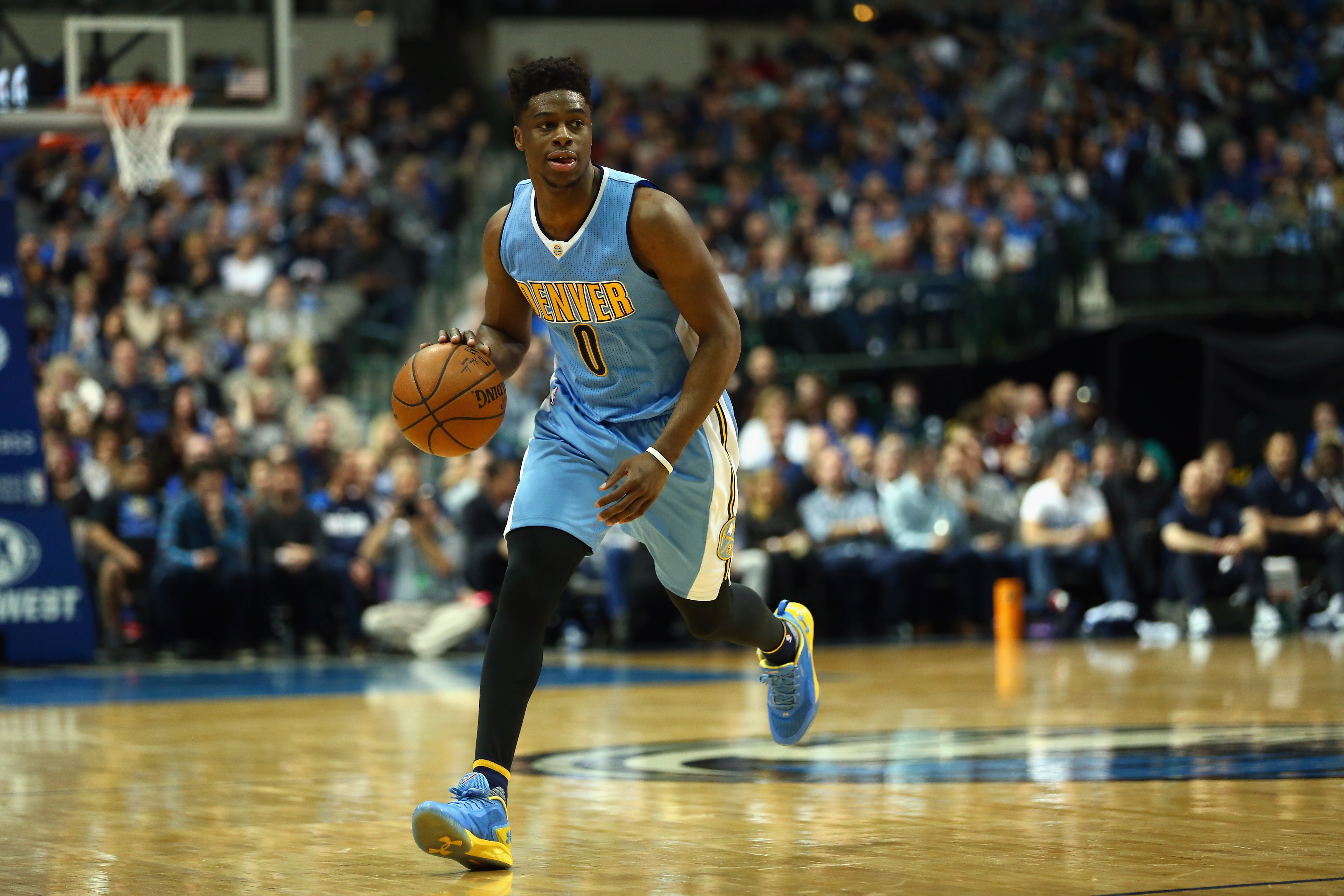 DALLAS, TX - FEBRUARY 26: Emmanuel Mudiay #0 of the Denver Nuggets during the first half at American Airlines Center on February 26, 2016 in Dallas, Texas. NOTE TO USER: User expressly acknowledges and agrees that, by downloading and or using this photograph, User is consenting to the terms and conditions of the Getty Images License Agreement.   Ronald Martinez/Getty Images/AFP