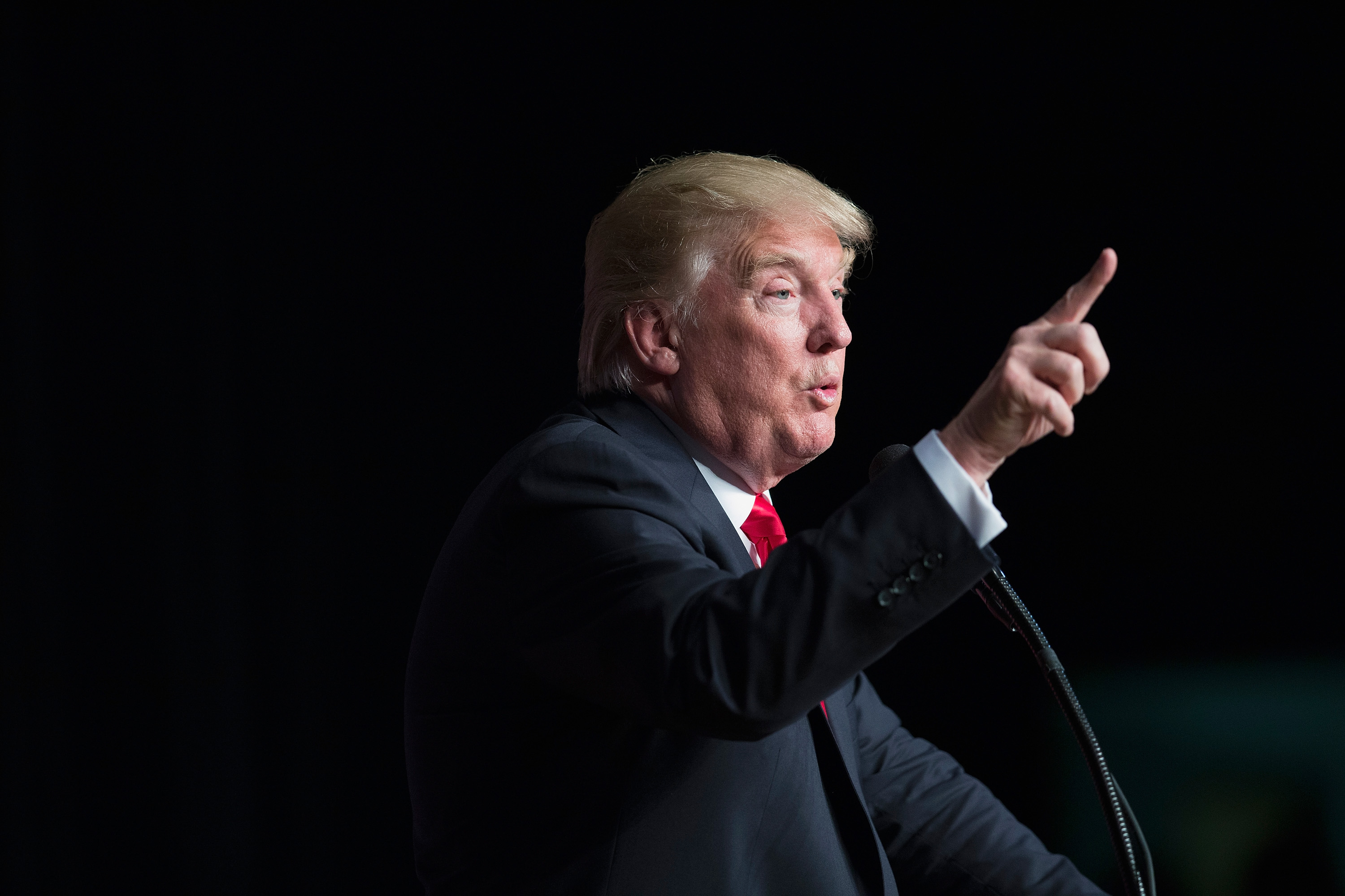 EAU CLAIRE, WISCONSIN - APRIL 02: Republican presidential candidate Donald Trump speaks to guests during a campaign stop at Memorial High School on April 2, 2016 in Eau Claire, Wisconsin. Wisconsin voters go to the polls for the state's primary on April 5.   Scott Olson/Getty Images/AFP