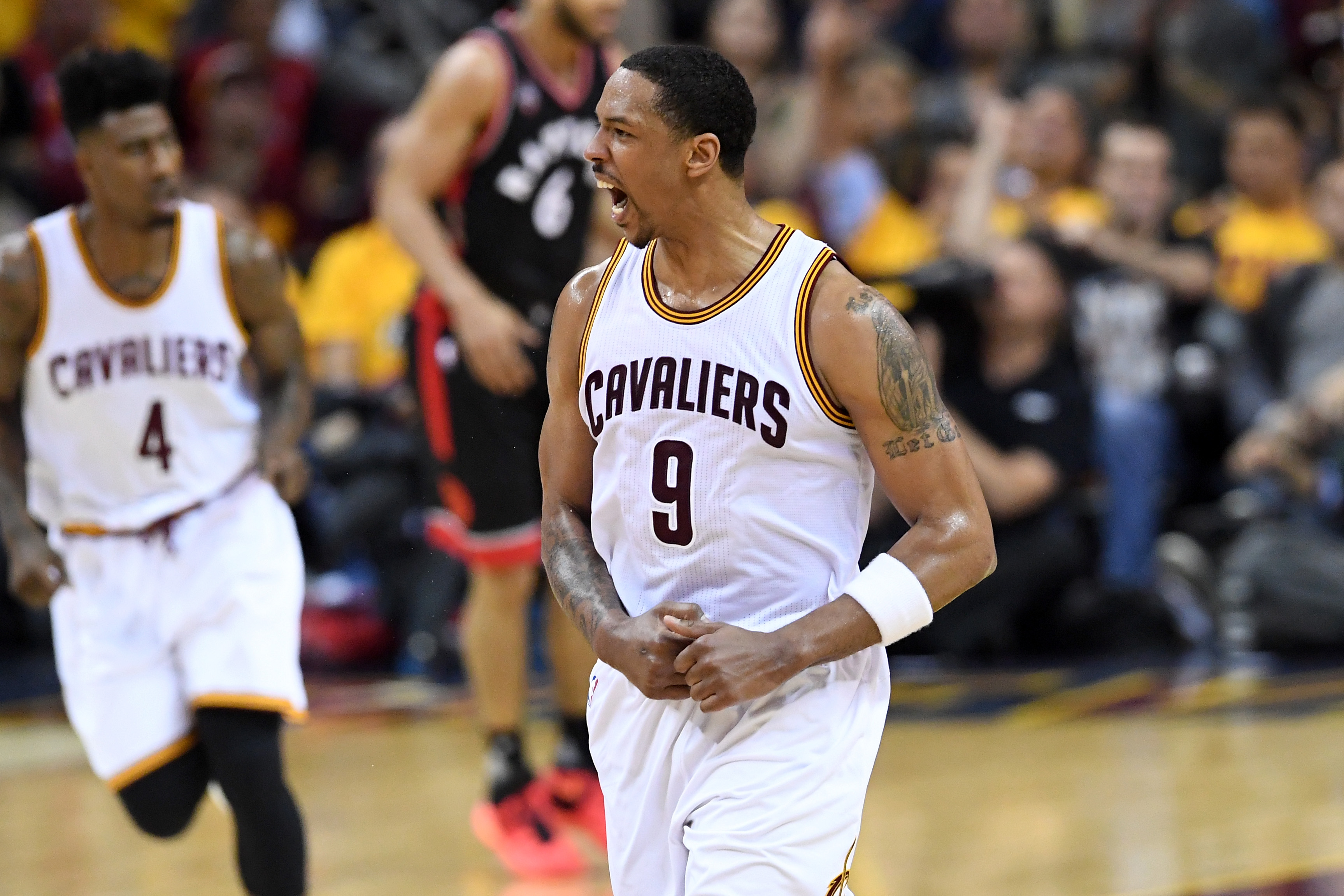 CLEVELAND, OH - MAY 25: Channing Frye #9 of the Cleveland Cavaliers reacts after a play in the third quarter against the Toronto Raptors in game five of the Eastern Conference Finals during the 2016 NBA Playoffs at Quicken Loans Arena on May 25, 2016 in Cleveland, Ohio. NOTE TO USER: User expressly acknowledges and agrees that, by downloading and or using this photograph, User is consenting to the terms and conditions of the Getty Images License Agreement.   Jason Miller/Getty Images/AFP