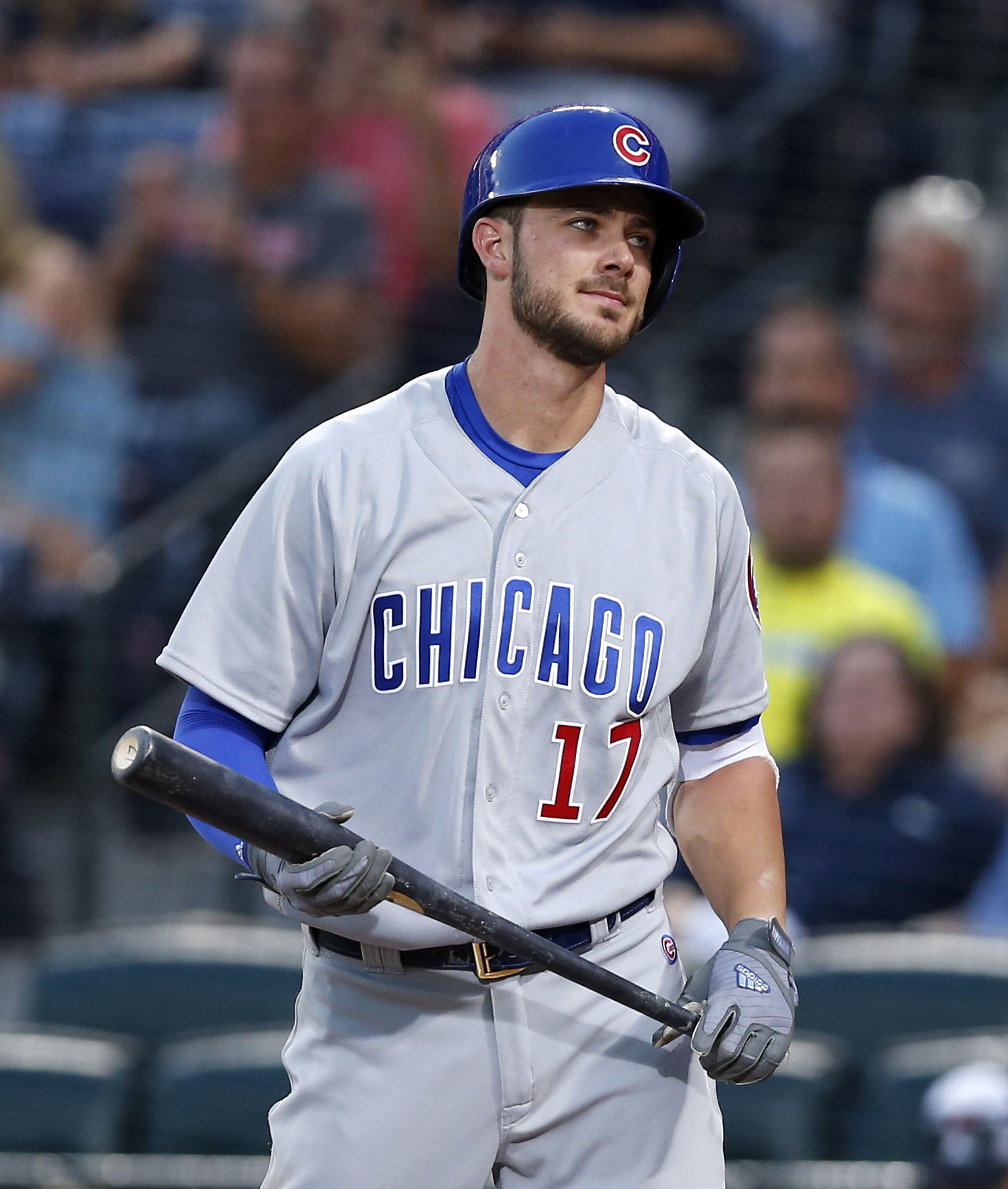 ATLANTA, GA - JUNE 10: Third baseman Kris Bryant #17 of the Chicago Cubs reacts to striking out in the fourth inning during the game against the Atlanta Braves at Turner Field on June 10, 2016 in Atlanta, Georgia. Mike Zarrilli/Getty Images/AFP